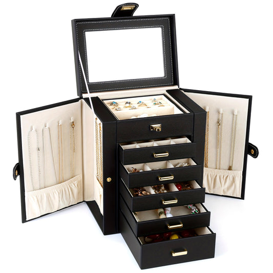 6 Layer Jewelry Storage Box With Mirror Black PU Leather 5 Drawers Necklace