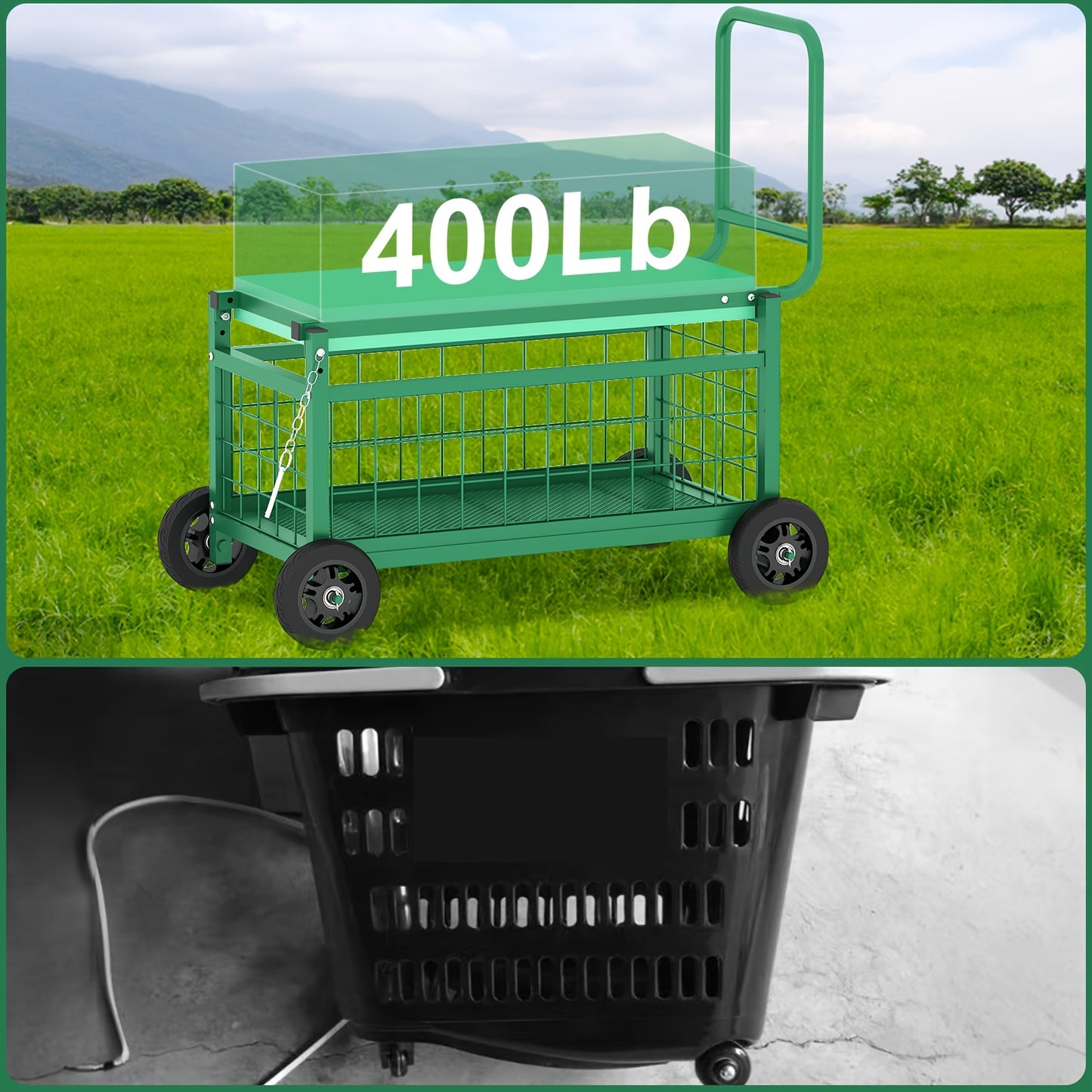Heavy Duty Rolling Garden Seat Cart With Dual Position Seat And Storage Basket