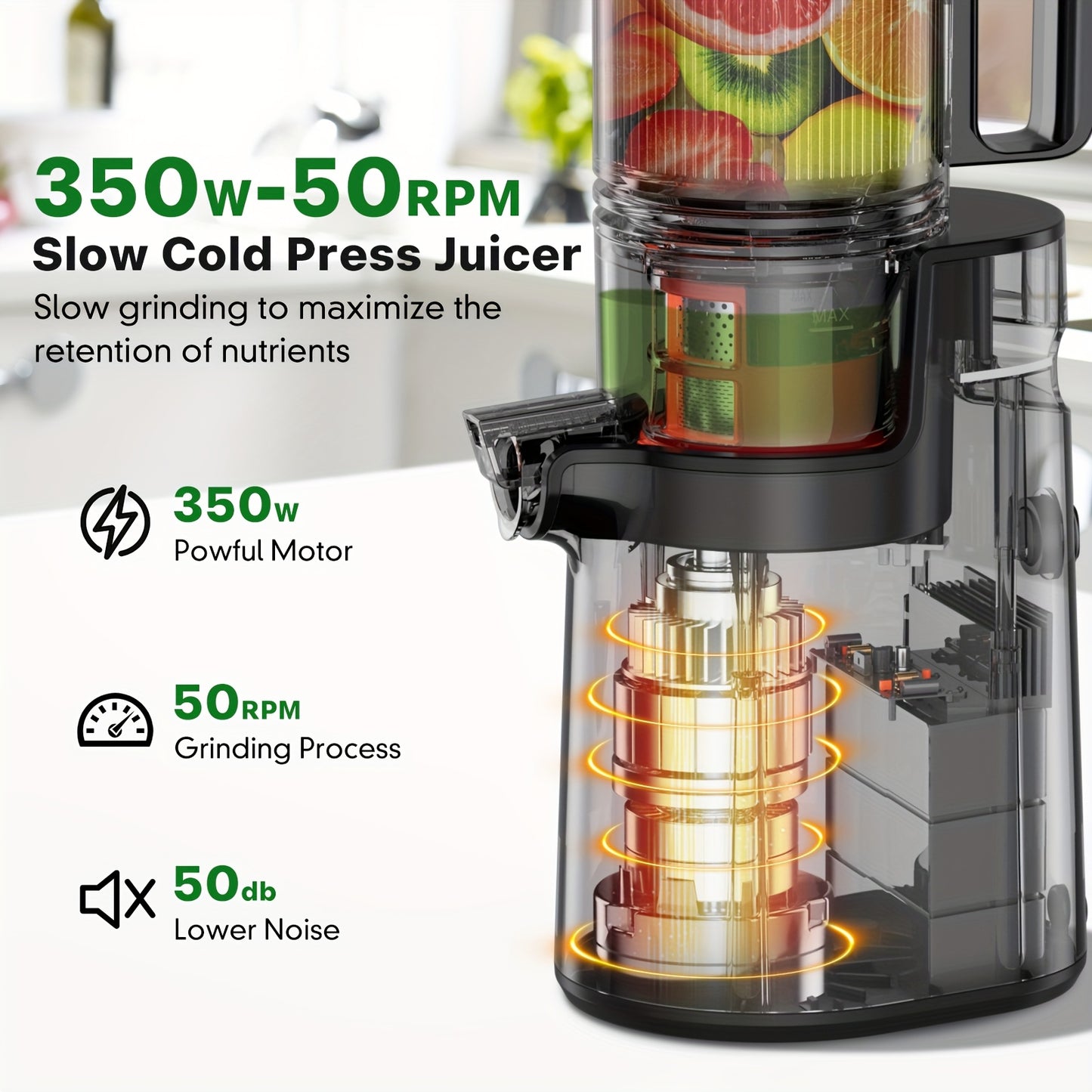 [350w Cold Press Juicer] 350w Cold Press Juicer Masticating Juicer | 4.7 Wide Feed Chute, High Juice Yield, Easy To Clean | Ideal For Whole Fruits And Vegetables, A Must-Have For Your Kitchen, Perfect Gift Idea