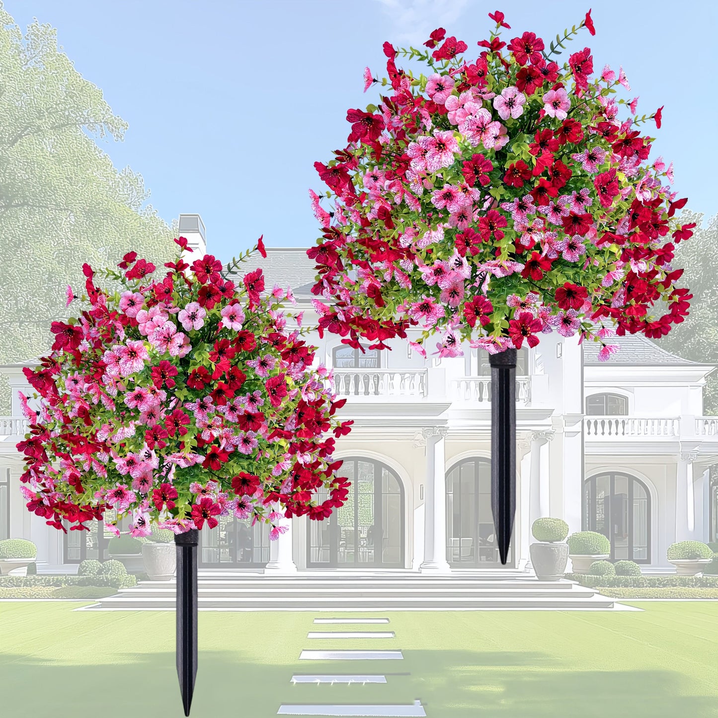 2 Pack UV Resistant Artificial Eugenia Shrub With Pink Flowers For Outdoor Decor