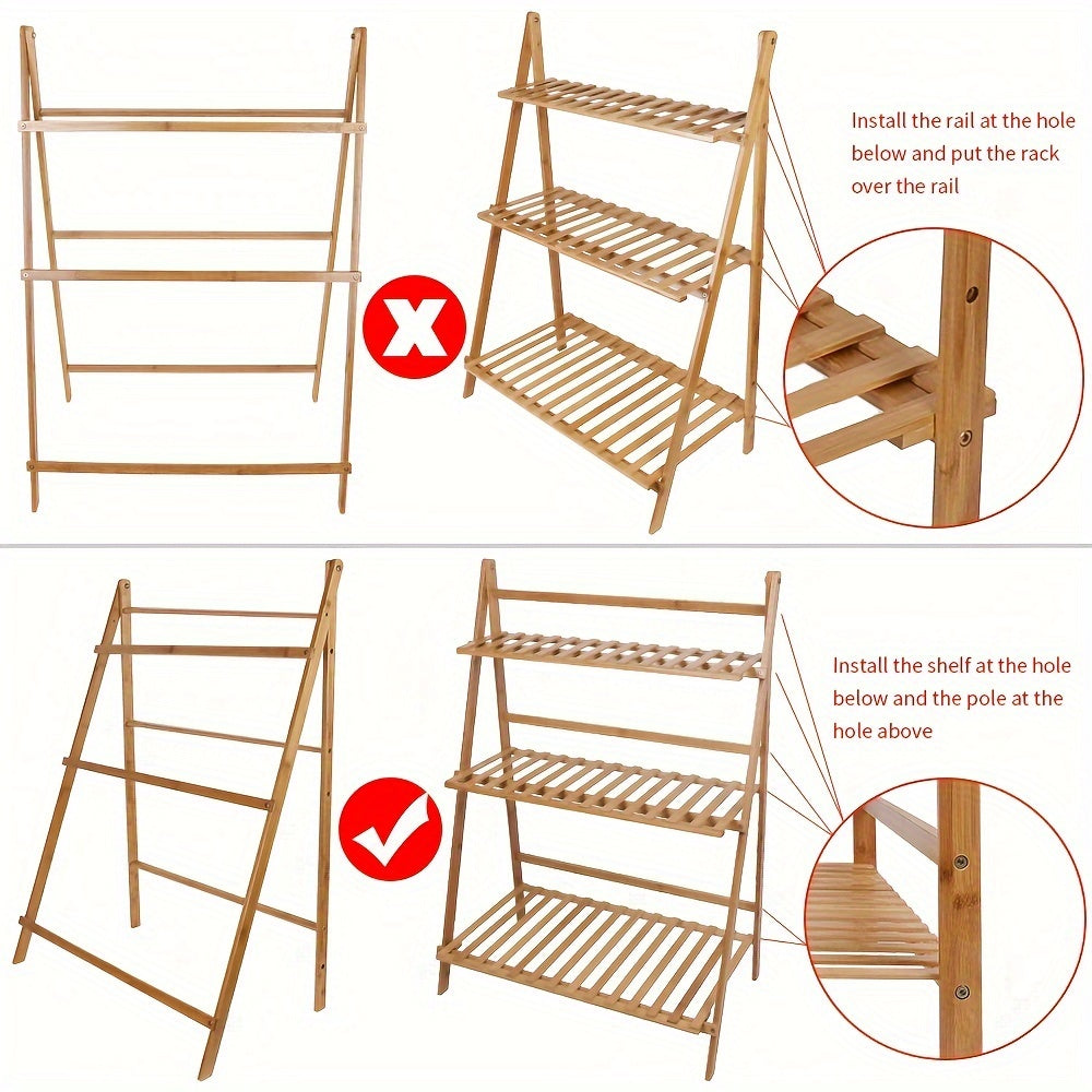 100cm Bamboo 3 Tier Foldable Plant Display Shelf For Outdoor And Indoor Use