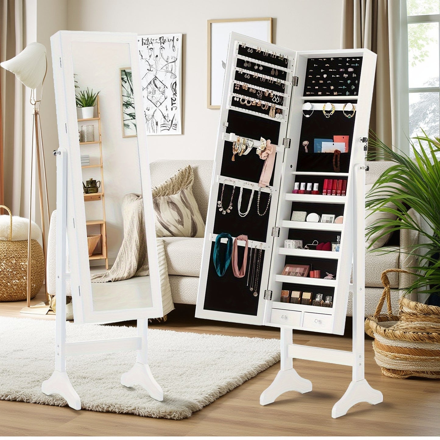 60 Inch Jewelry Armoire With Full Length Mirror And Lockable Velvet Lining