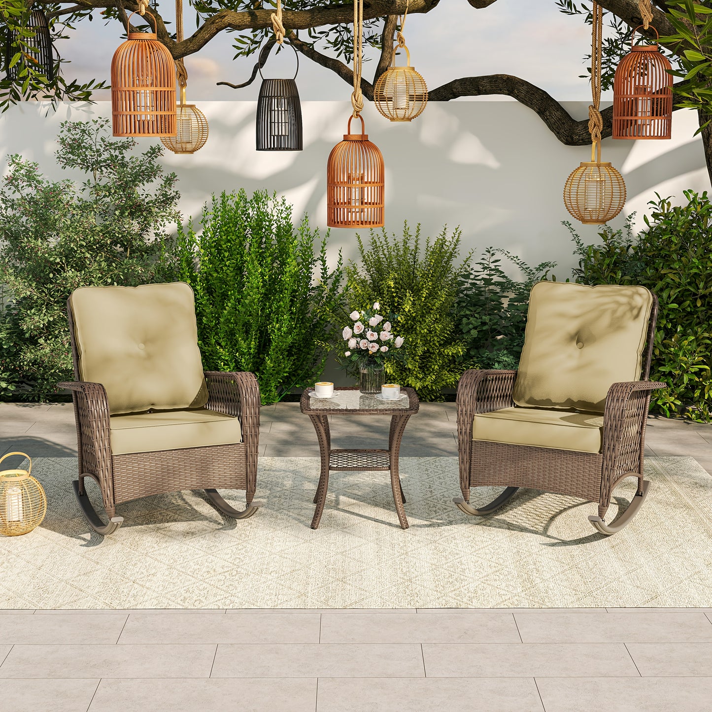 3pcs Patio Set Rocking, Rattan Outdoor Rocking Patio Bistro Set With 2 Rockers And 1 Side Table With 4'Thick Cushions For Backyard, Porch, Balcony, Poolside, And 1piece Of Chair Can Choose