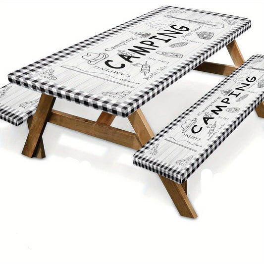 [Durable Picnic Table Cover] 3pcs Black & White Checkered Camping Picnic Table Covers with Benches | Elastic Edges, Durable Polyester, 72 Inch, Outdoor Essentials for Patio & Camping
