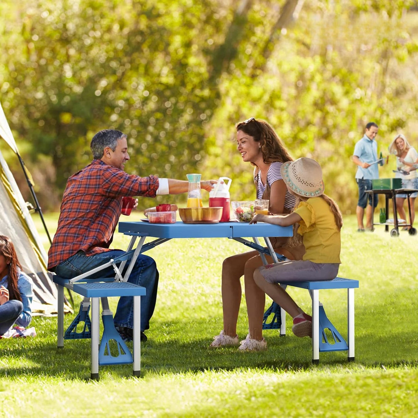 4 Ft Folding Camping Table With 4 Seats And Umbrella Hole