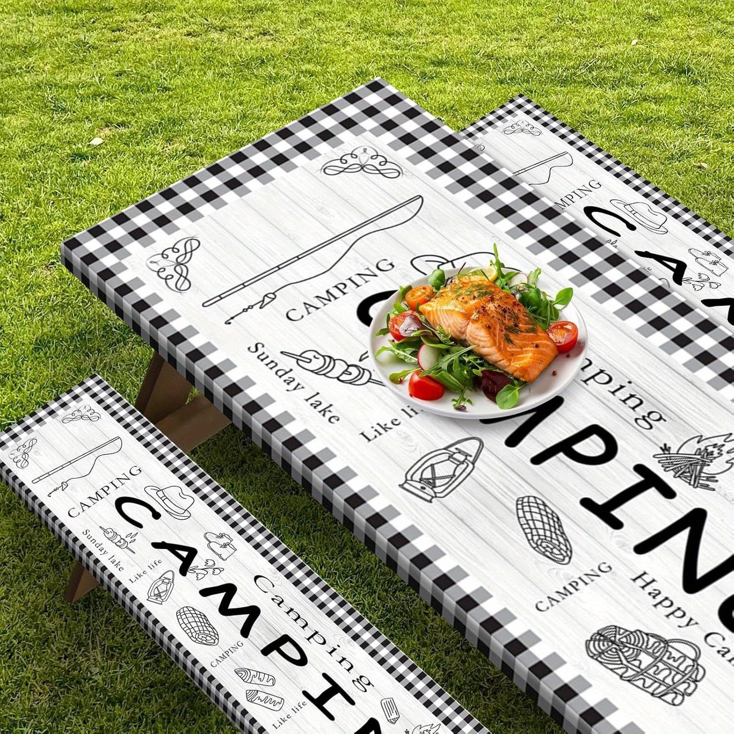[Durable Picnic Table Cover] 3pcs Black & White Checkered Camping Picnic Table Covers with Benches | Elastic Edges, Durable Polyester, 72 Inch, Outdoor Essentials for Patio & Camping