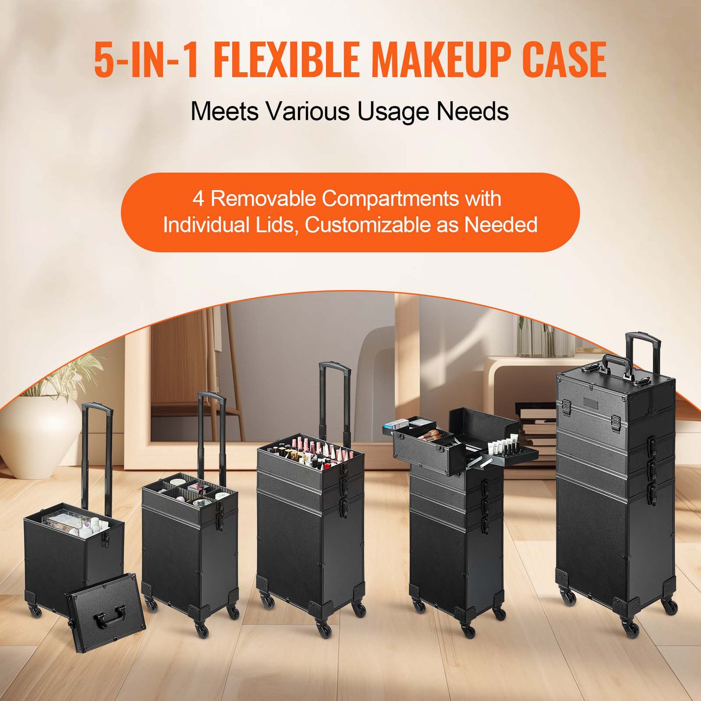 VEVOR 5 In 1 Extra Large Professional Makeup Train Case Rolling Case Black