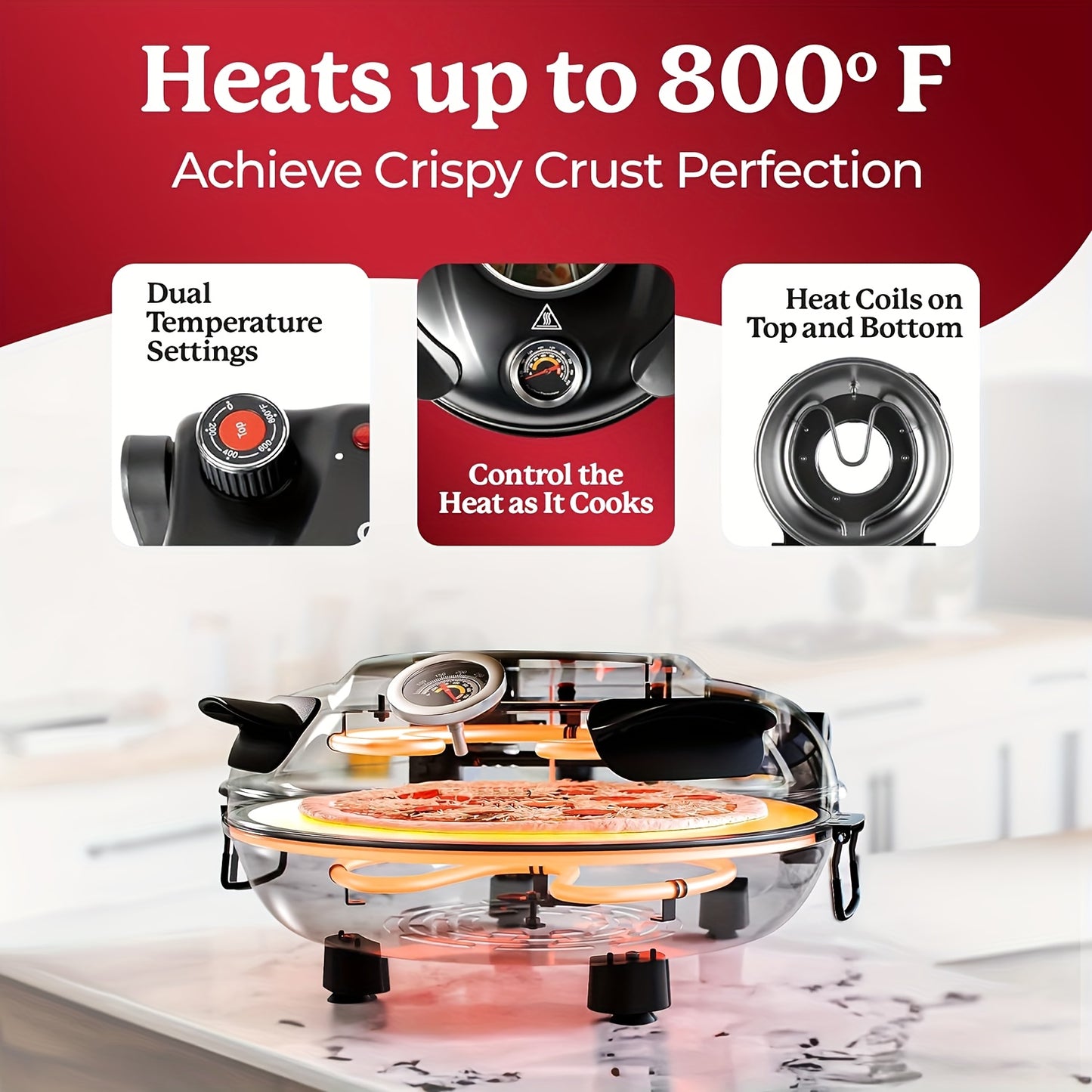 12-Inch Electric Pizza Oven With Ceramic Stone - 800F Fast-Heating Countertop Oven, Energy-Efficient For Parties & Gift-Giving. Compact Pizza Maker For Neapolitan/Deep-Dish Pizzas, Ideal For Home Kitchen & Cooking Enthusiasts