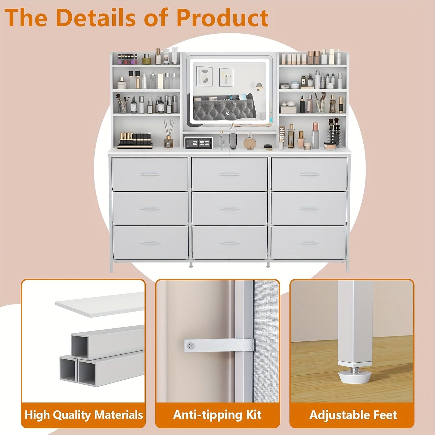 Makeup Vanity With Mirror 9 Fabric Drawers 8 Shelves 3 Lighting Colors White