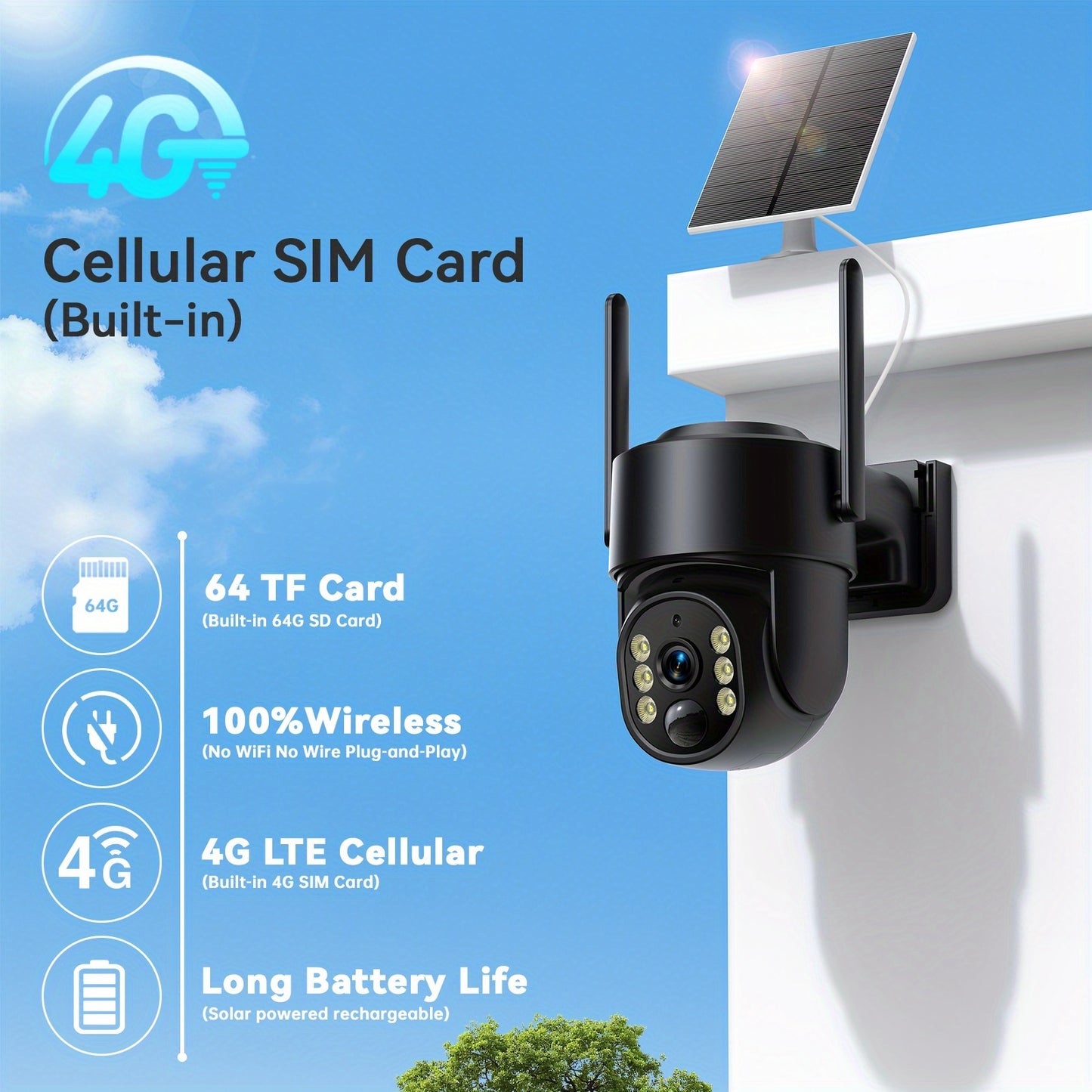 WESECUU 4G LTE Solar Security Camera No WiFi Needed 4MP Color Night Vision