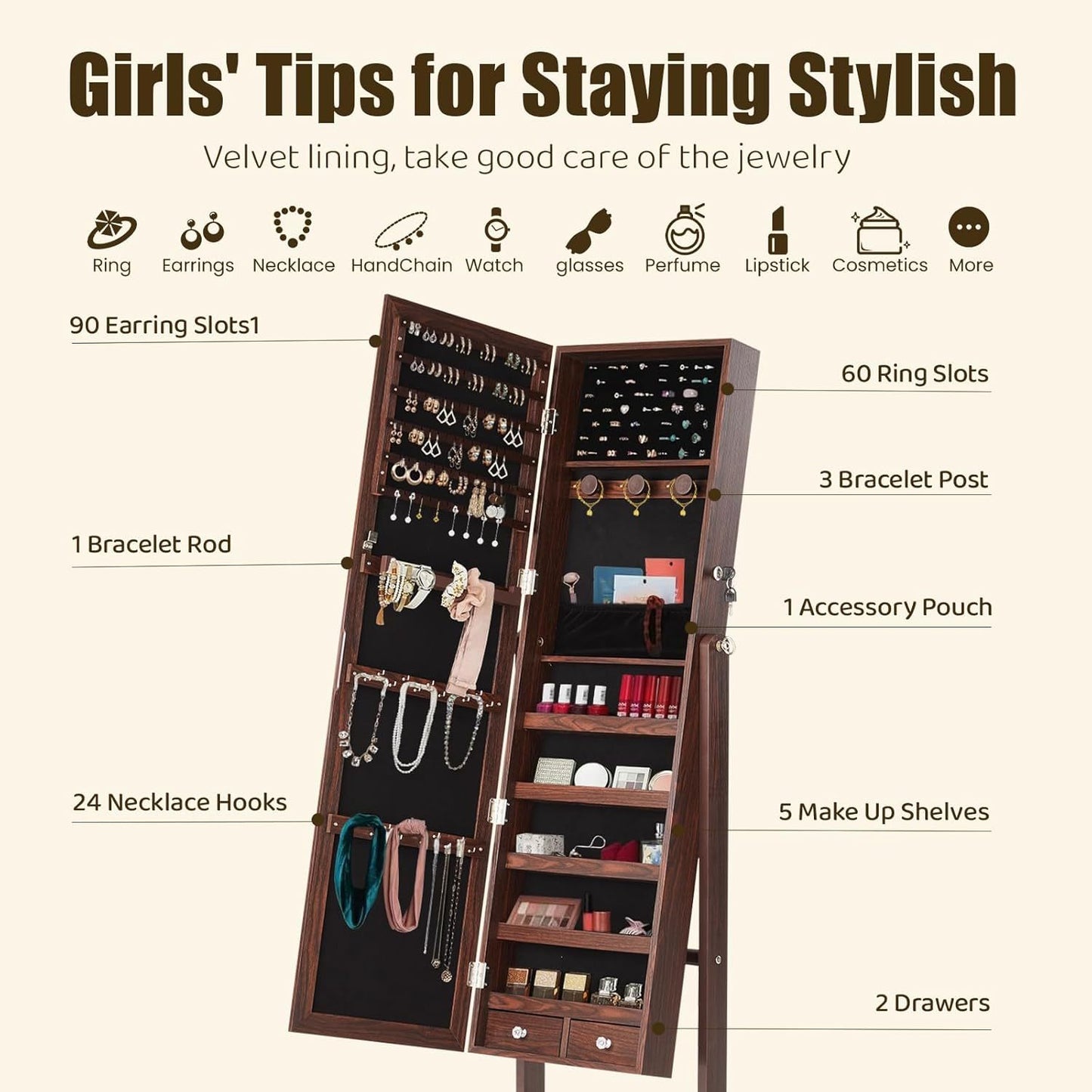 60 Inch Jewelry Armoire With Full Length Mirror And Lockable Velvet Lining