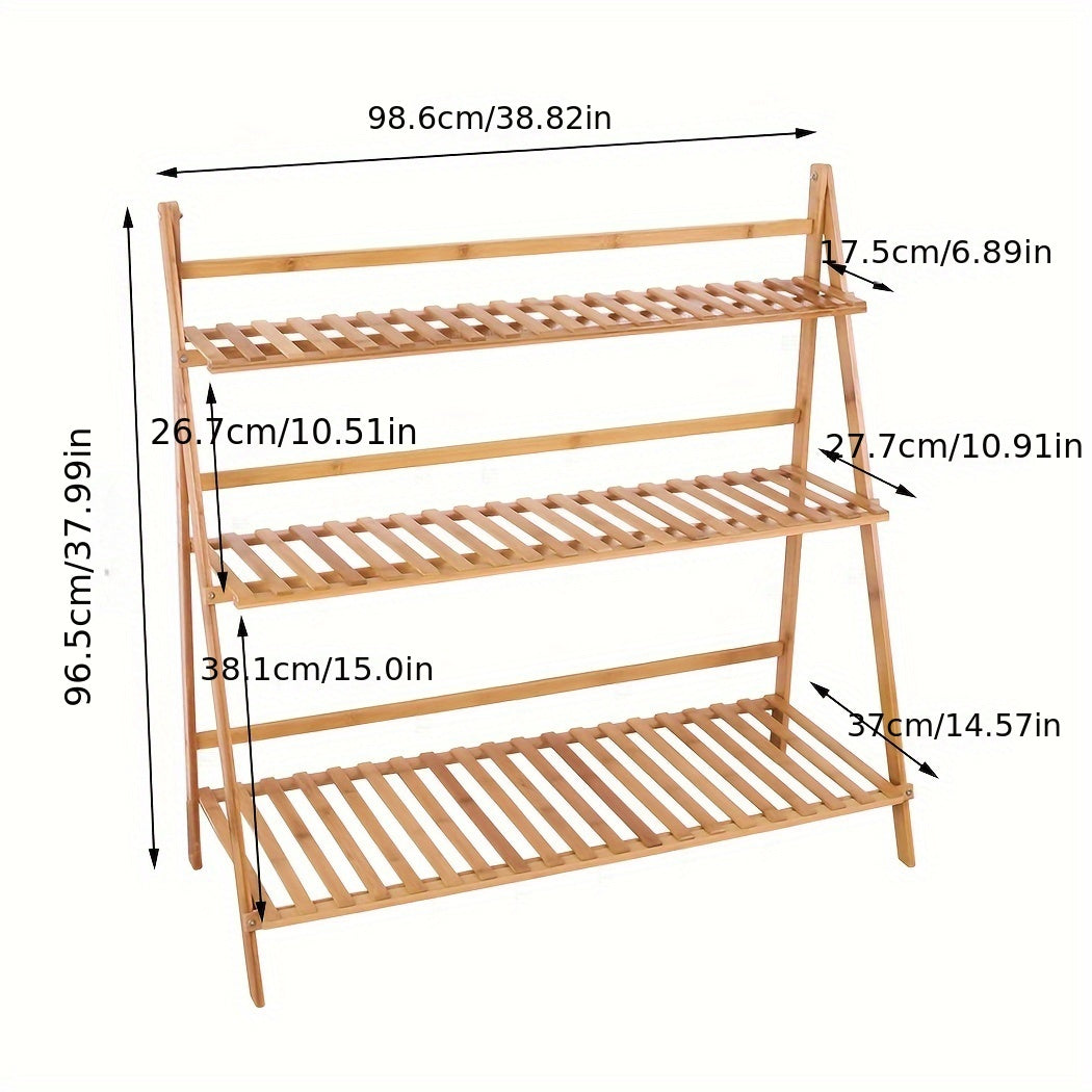 100cm Bamboo 3 Tier Foldable Plant Display Shelf For Outdoor And Indoor Use