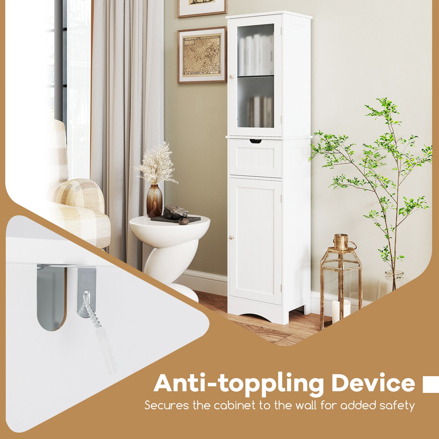 COSTWAY Tall Bathroom Cabinet With Glass Door And Adjustable Shelves