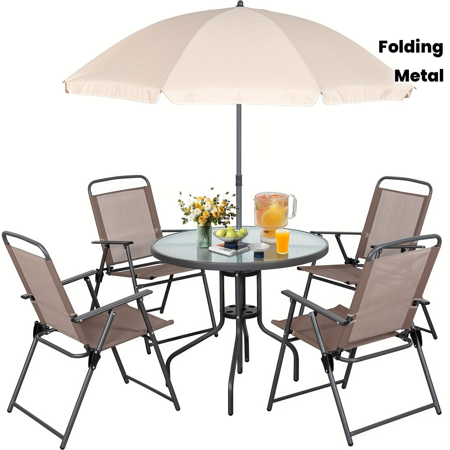 JY QAQA Folding Patio Dining Set 6 Piece All Weather Glass Table And 4 Chairs