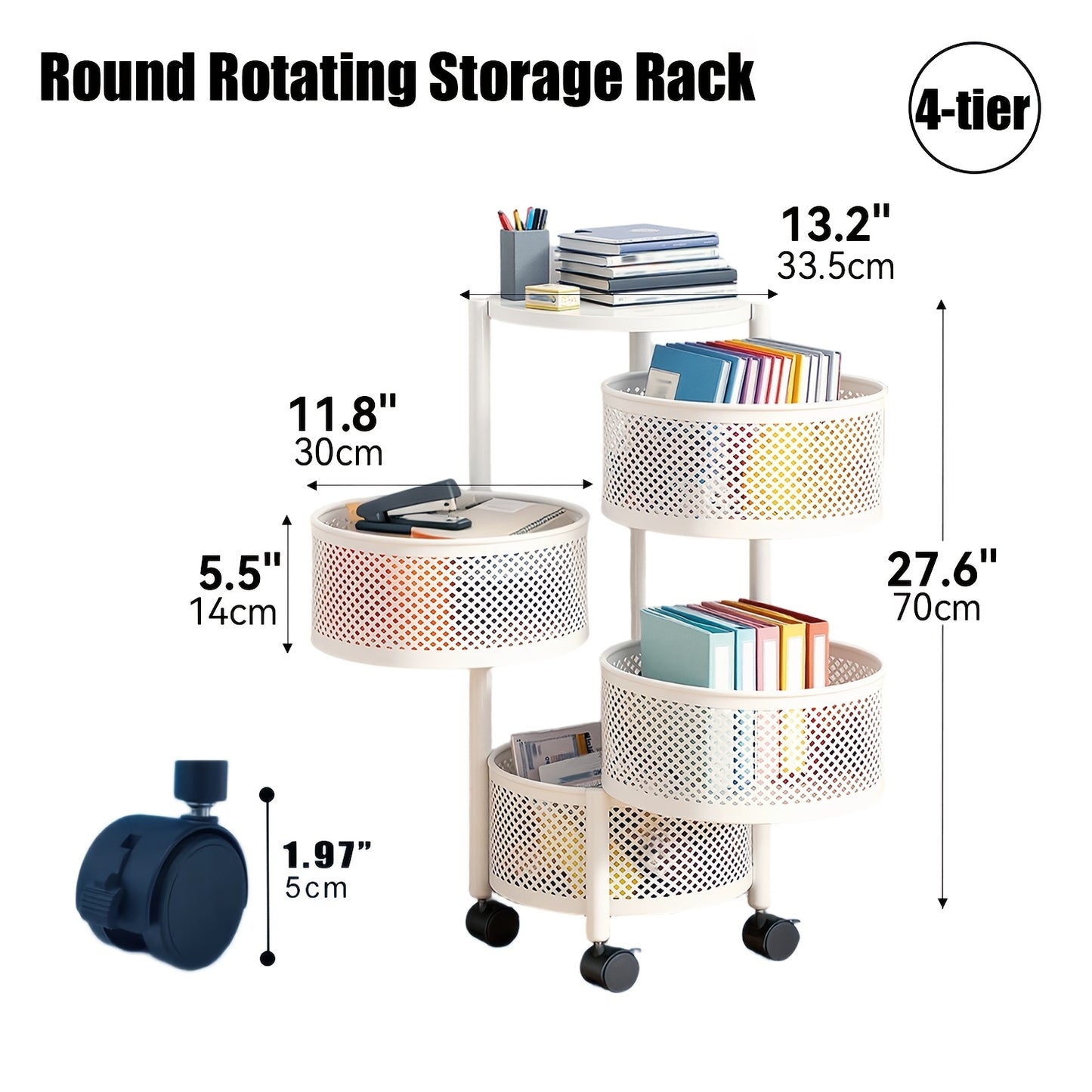 5 Tier Rotating Storage Shelf With Rolling Baskets Metal Mobile Bookcase Office