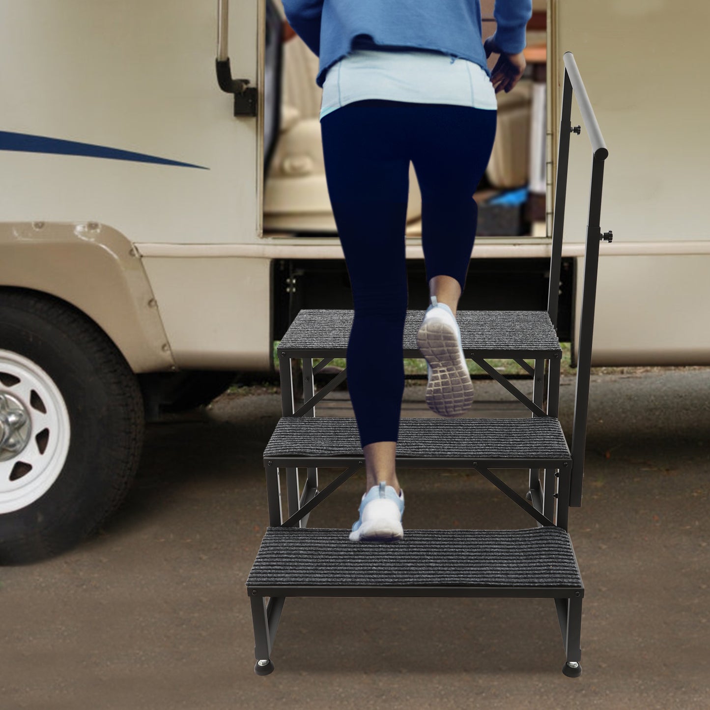 [Heavy Duty RV Ladder] Heavy Duty 3-Step RV Step Ladder with Non-Slip Steps & Handrail | 450lb Capacity, Steel Construction, Adjustable Foot Pads - Commercial/Residential Use for RV, Pool, Stage, Truck, Home - Elderly & Disab