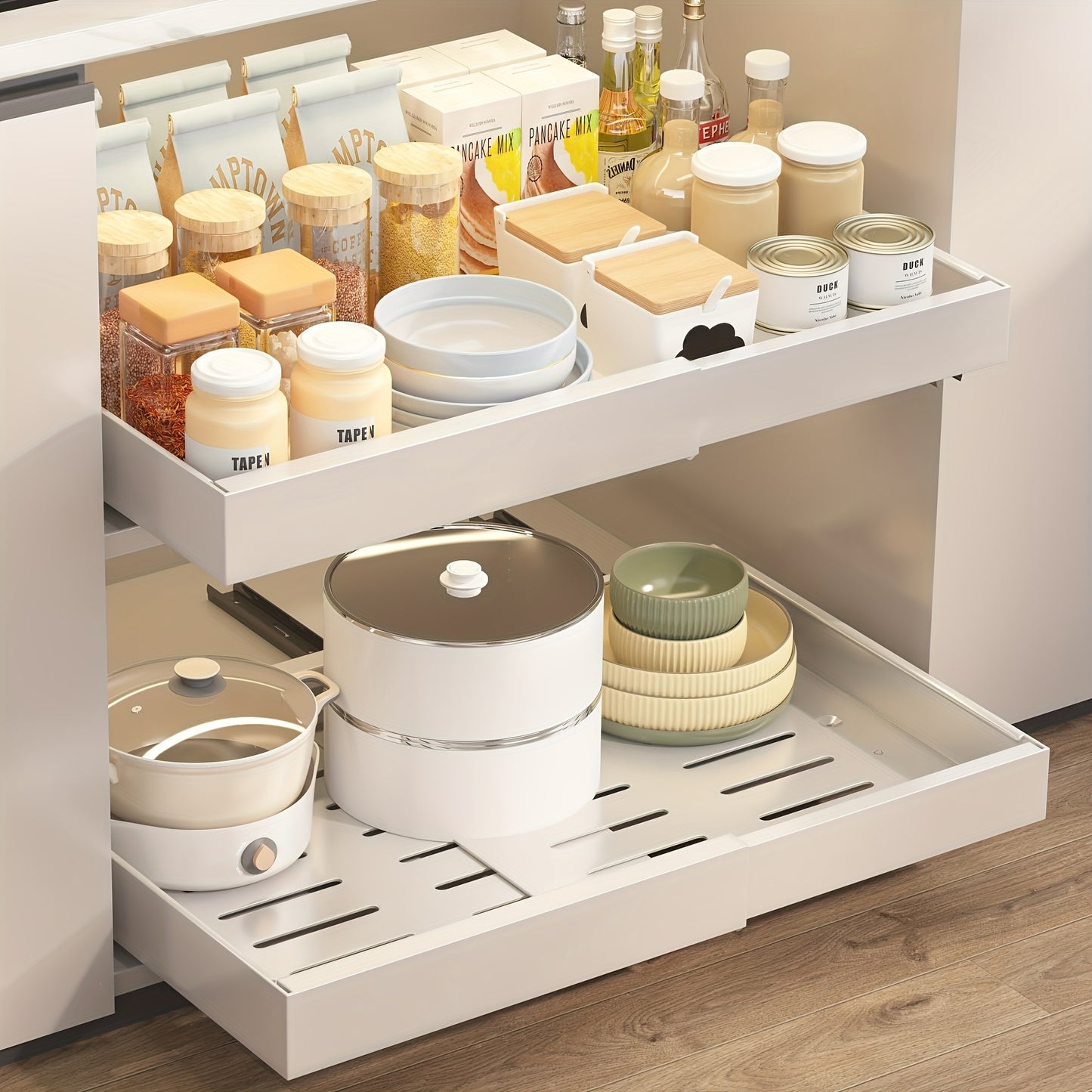 4-Pack Expandable Pull Out Cabinet Organizer, Heavy-Duty Carbon Steel Slide-Out Drawer (12.6"-20.5"W), Silent Sliding Roll-Out Shelf With Adhesive Nano Film Or Screw Installation, Rust-Resistant Storage Rack For Kitchen, Bath