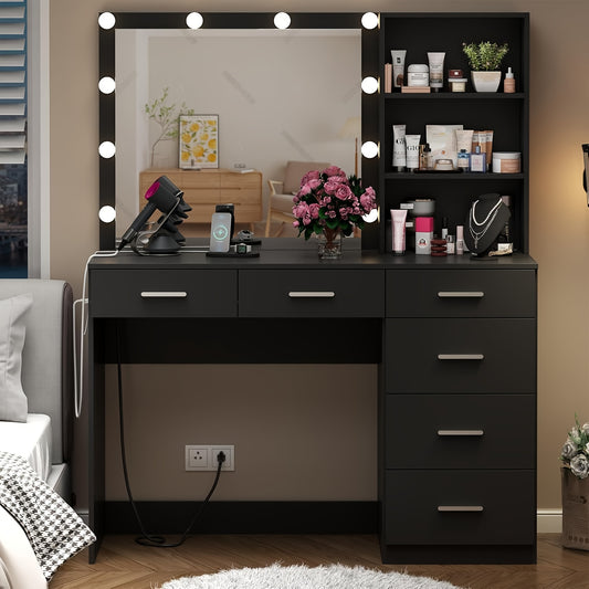 Modern Makeup Vanity Table With Lighted Mirror 6 Drawers 3 Color LED Lights