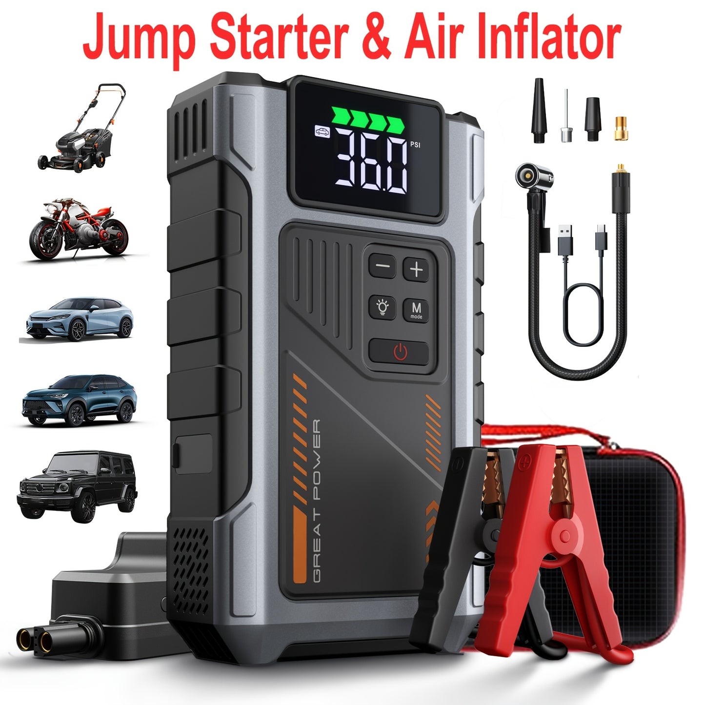 5000A Portable Wireless Car Jump Starter With Air Compressor And USB Output