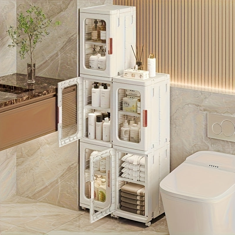 4 Layer White Adjustable Gap Cabinet With Transparent Door Movable Shelves