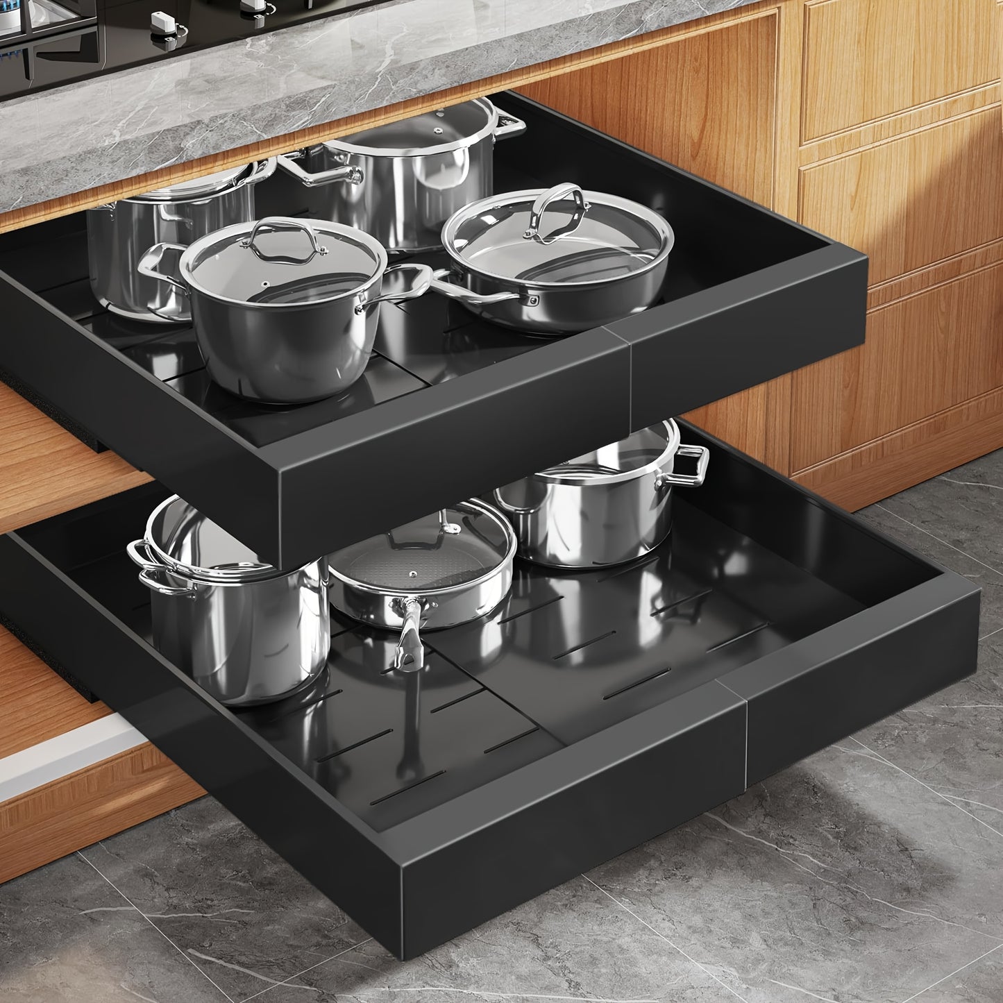 4-Pack Expandable Pull Out Cabinet Organizer, Heavy-Duty Carbon Steel Slide-Out Drawer (12.6"-20.5"W), Silent Sliding Roll-Out Shelf With Adhesive Nano Film Or Screw Installation, Rust-Resistant Storage Rack For Kitchen, Bath