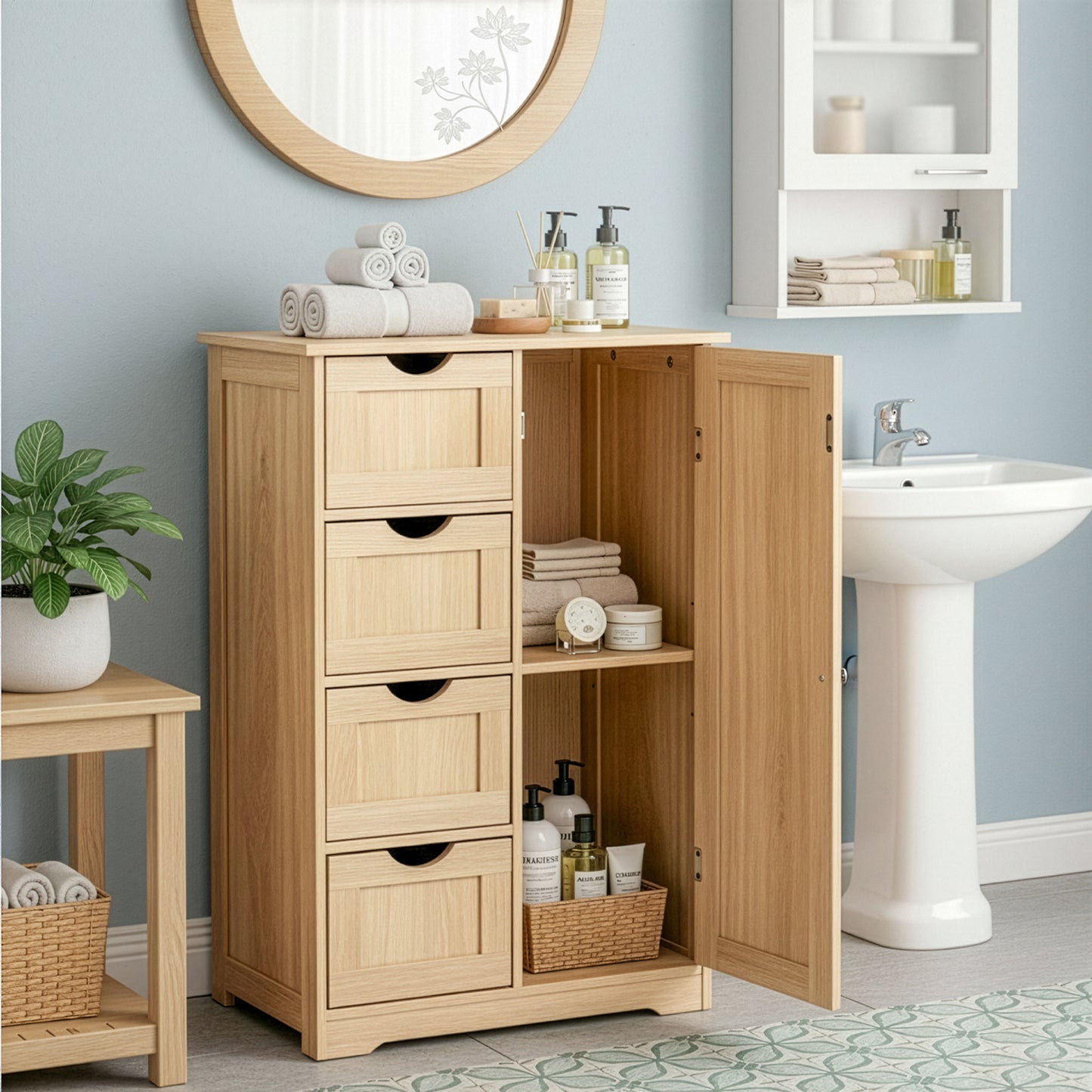 4 Drawer Bathroom Vanity Cabinet With Door Natural Wood Laminate 56x30x80cm