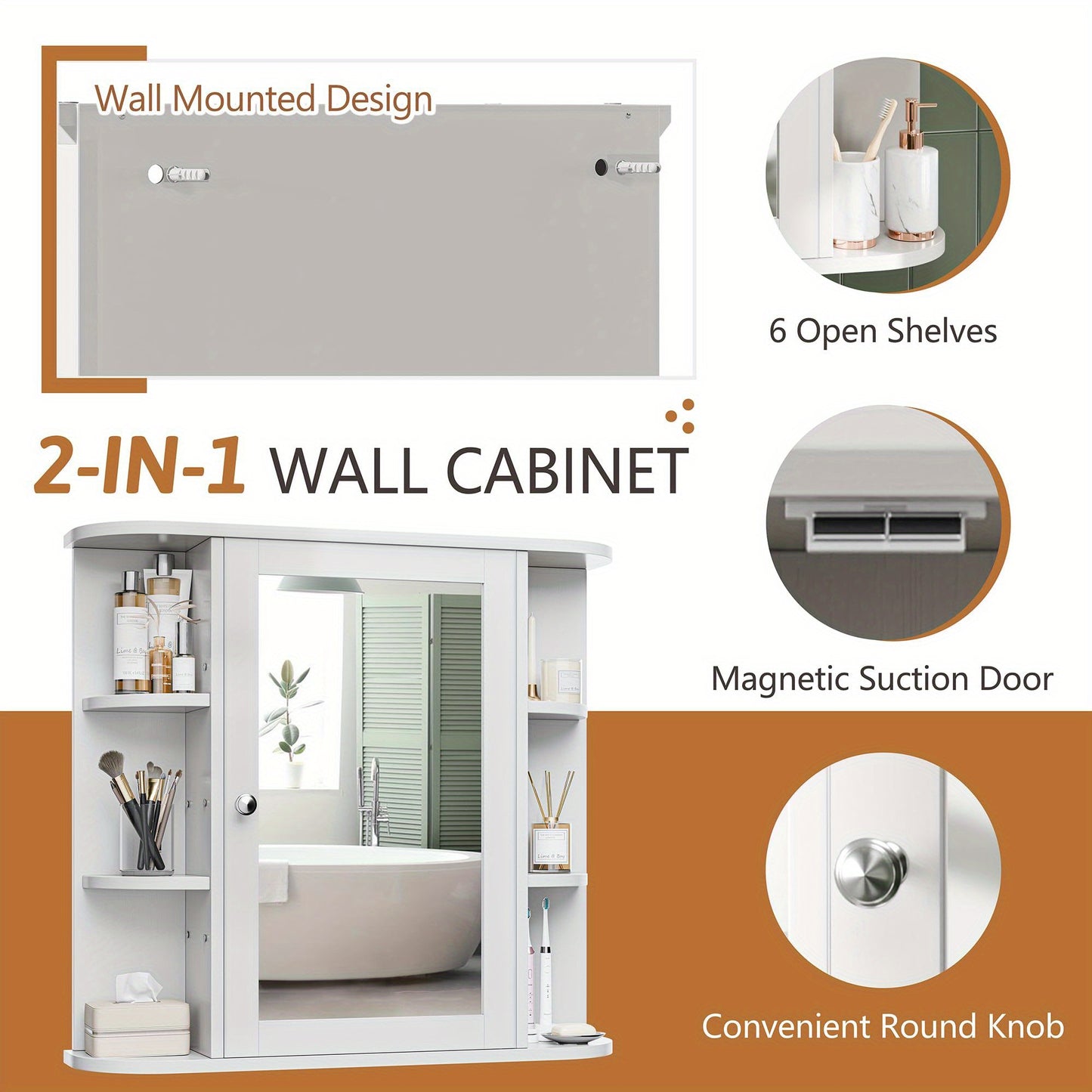 White Bathroom Wall Mount Medicine Cabinet With Mirror And Six Side Open Shelves