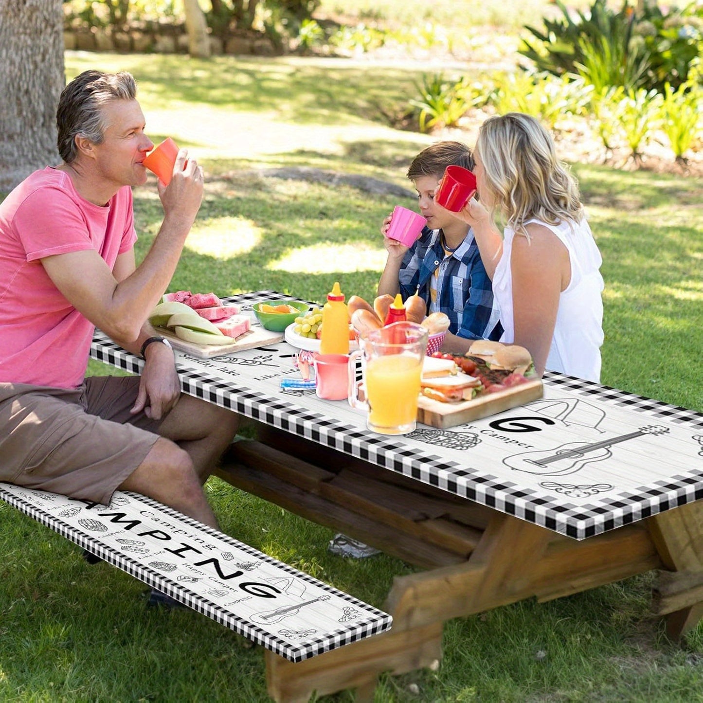 [Durable Picnic Table Cover] 3pcs Black & White Checkered Camping Picnic Table Covers with Benches | Elastic Edges, Durable Polyester, 72 Inch, Outdoor Essentials for Patio & Camping
