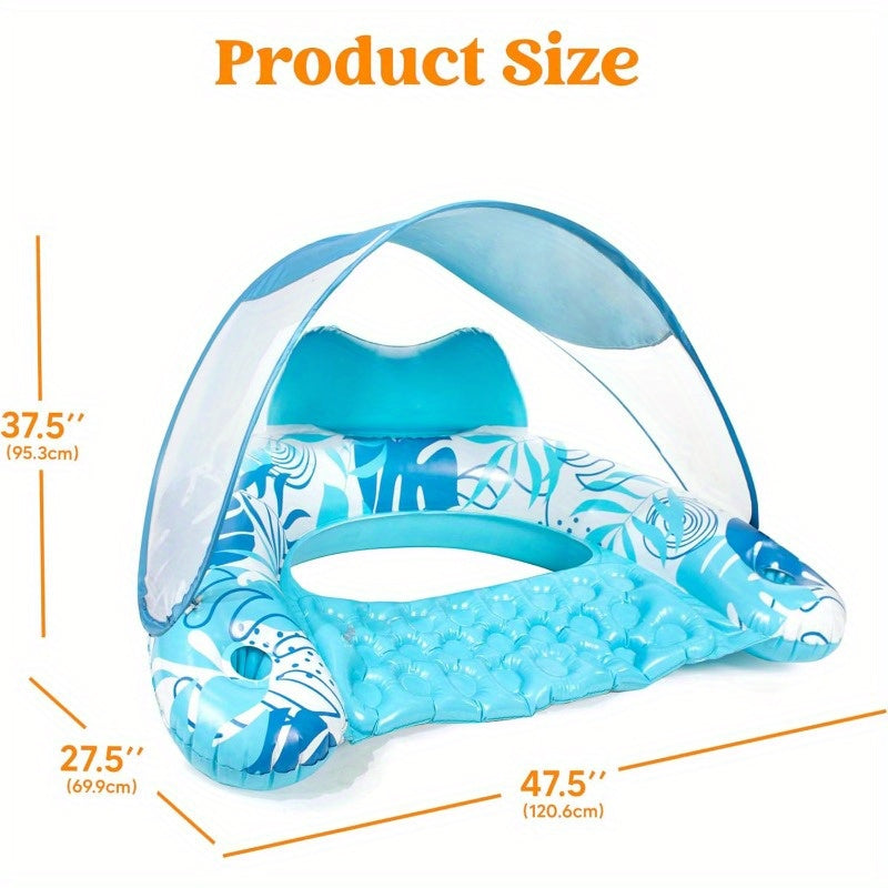 SYNCFUN Pool Floats With Canopy Adult, XL Inflatable Pool Lounge Chairs With Cup Holders, Floating Chair For Adults, Inflatable Floaties With Headrest For Party Beach Summer Water Fun