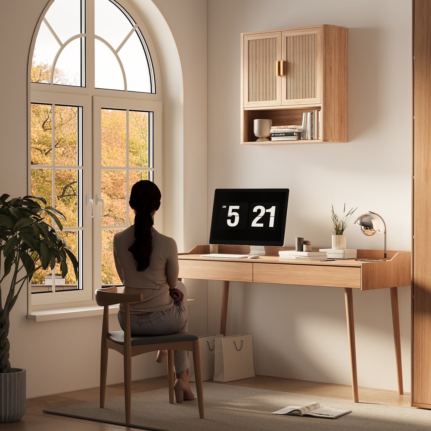 Natural Oak Wood Doors Over Toilet Storage Cabinet With Adjustable Shelves