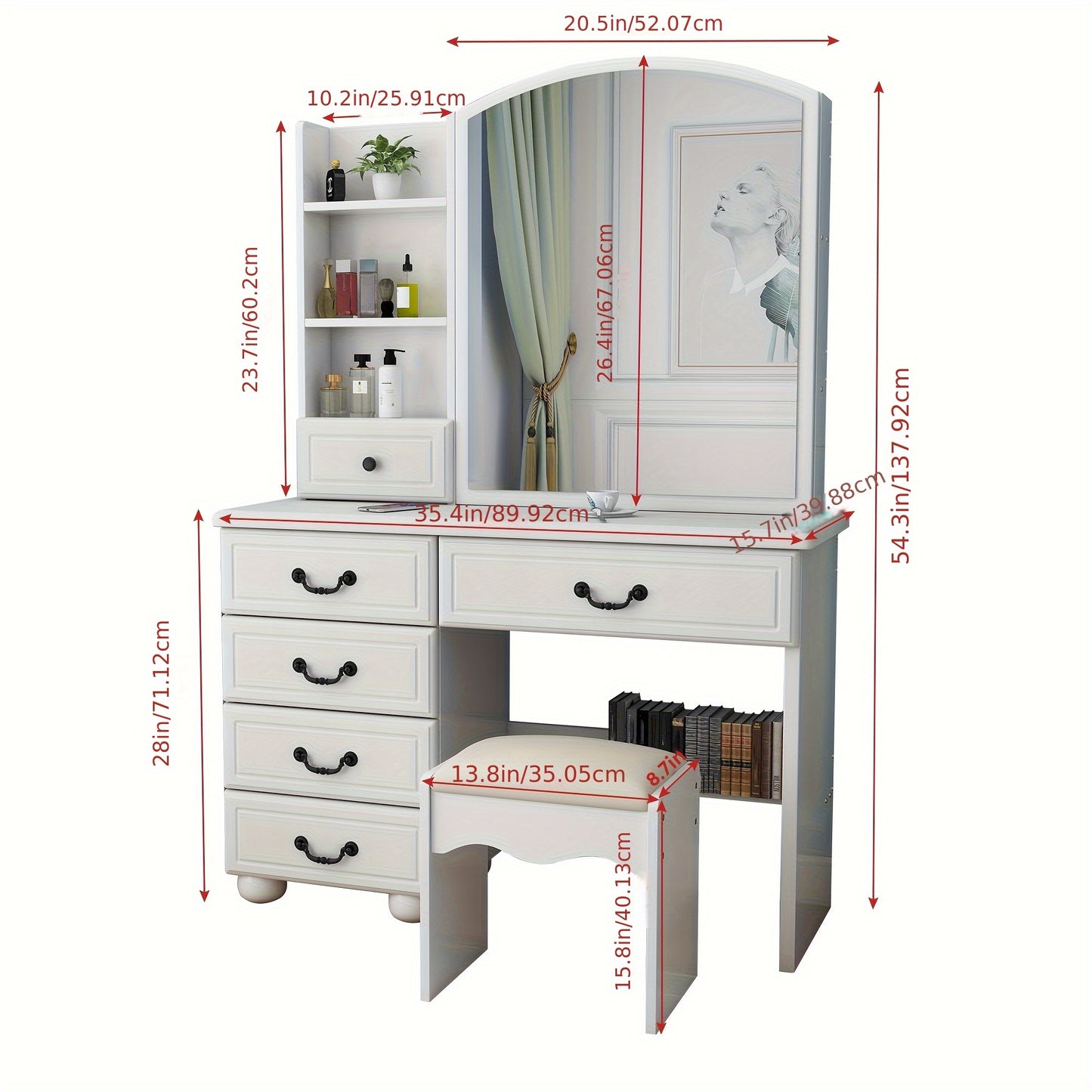 White Dressing Table With Mirror And 6 Drawers Vanity Desk