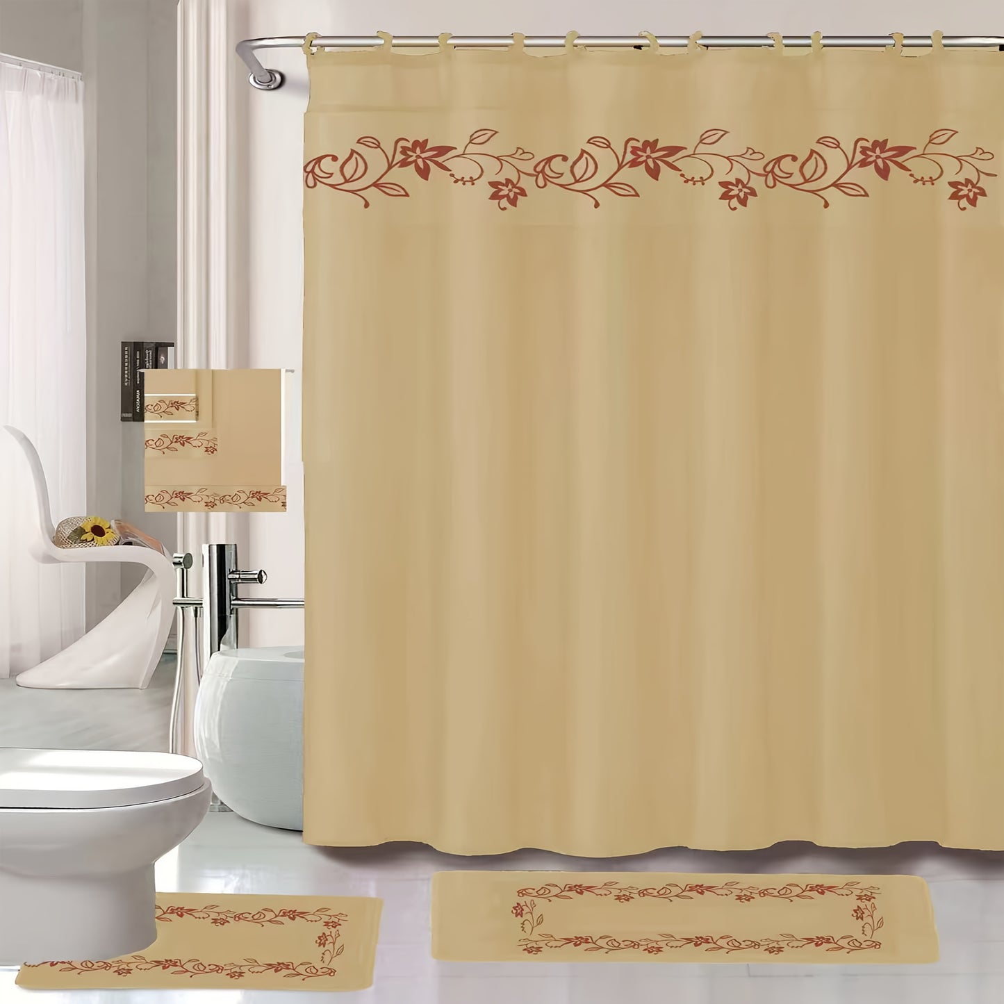 Shower Curtain Set With Embroidery And Non Slip Bath Rug Mats 3 Piece Towel Set