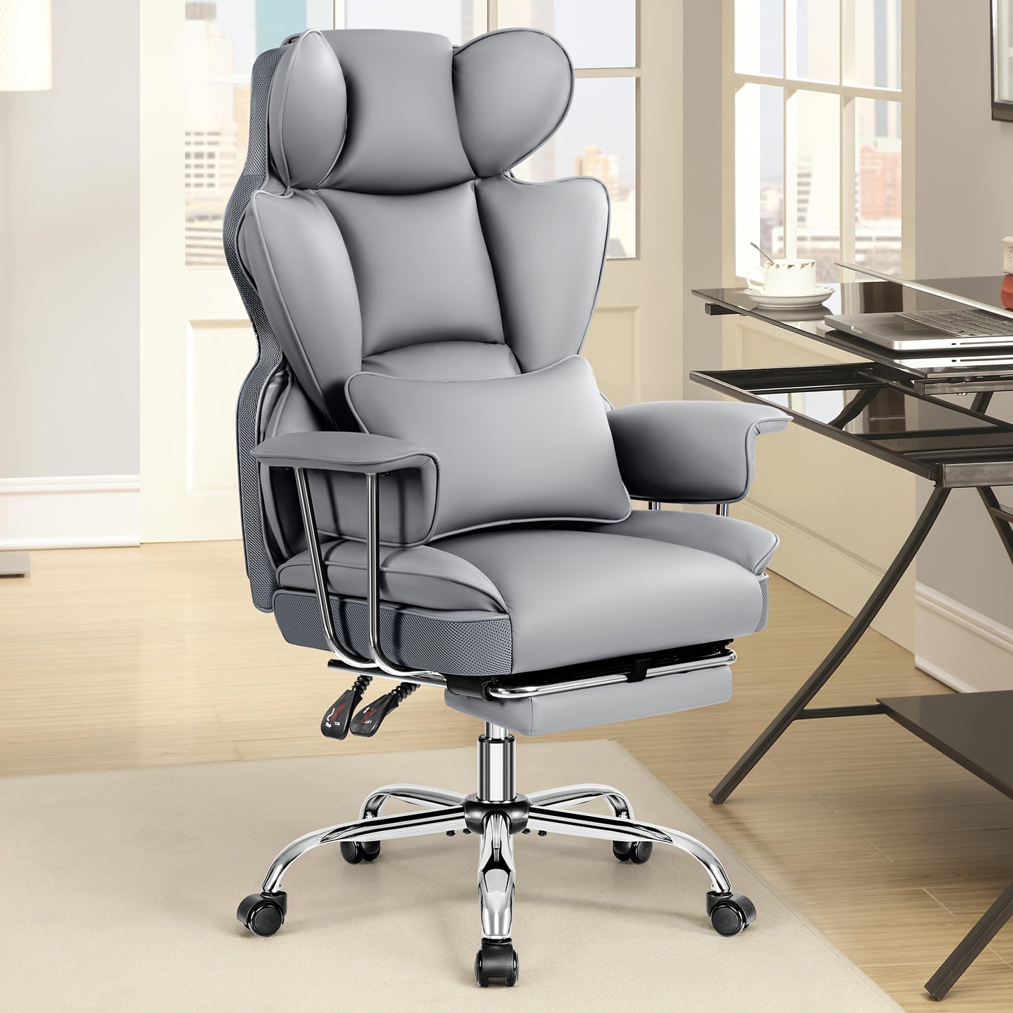 Premium Plus-Size Ergonomic Video Game Chair - Executive High-Back Leather Seat with Enhanced Lumbar Support, Integrated Footrest, and Adjustable Armrests for Ultimate Comfort in Spacious Homes and Offices