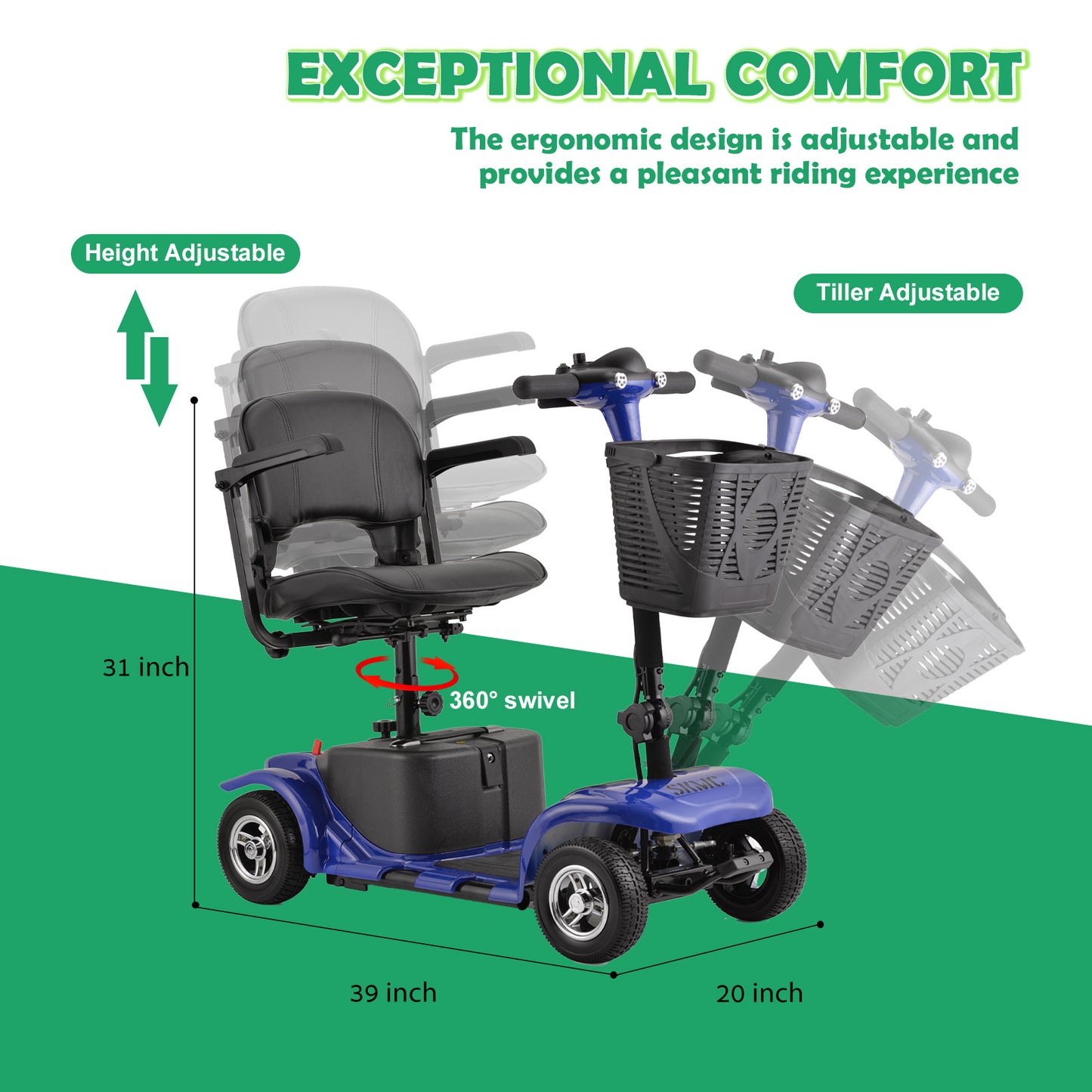 Electric Mobility Scooter for Adults, Senior, 4 Wheels Electric Powered Chargeable Device for Travel