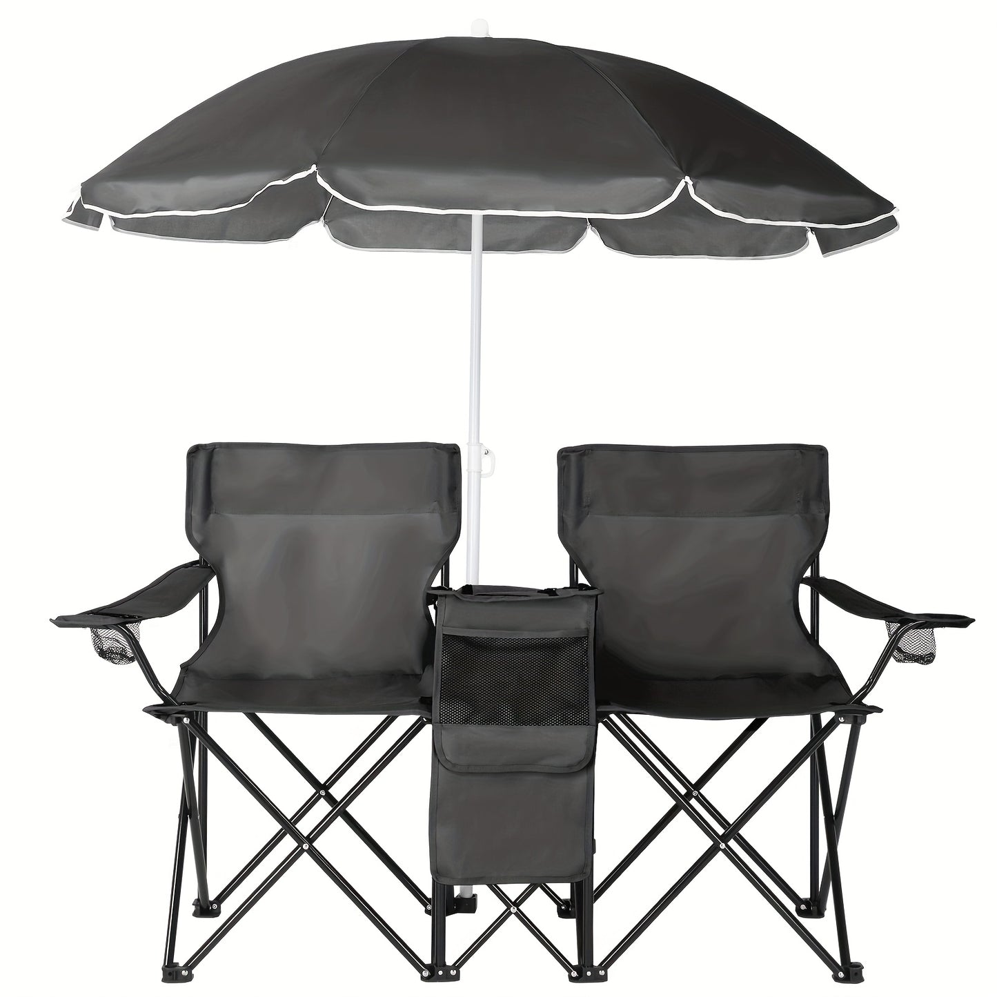 Outdoor Folding Chair 2 Seat Portable With Removable Sun Umbrella Blue