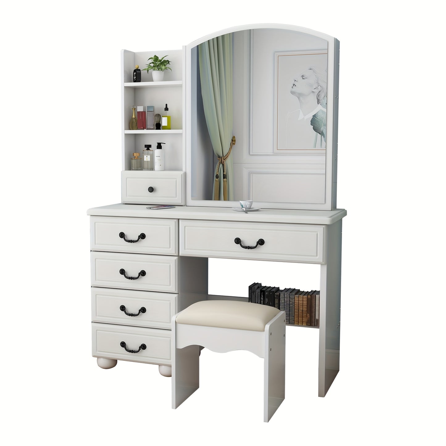 White Dressing Table With Mirror And 6 Drawers Vanity Desk