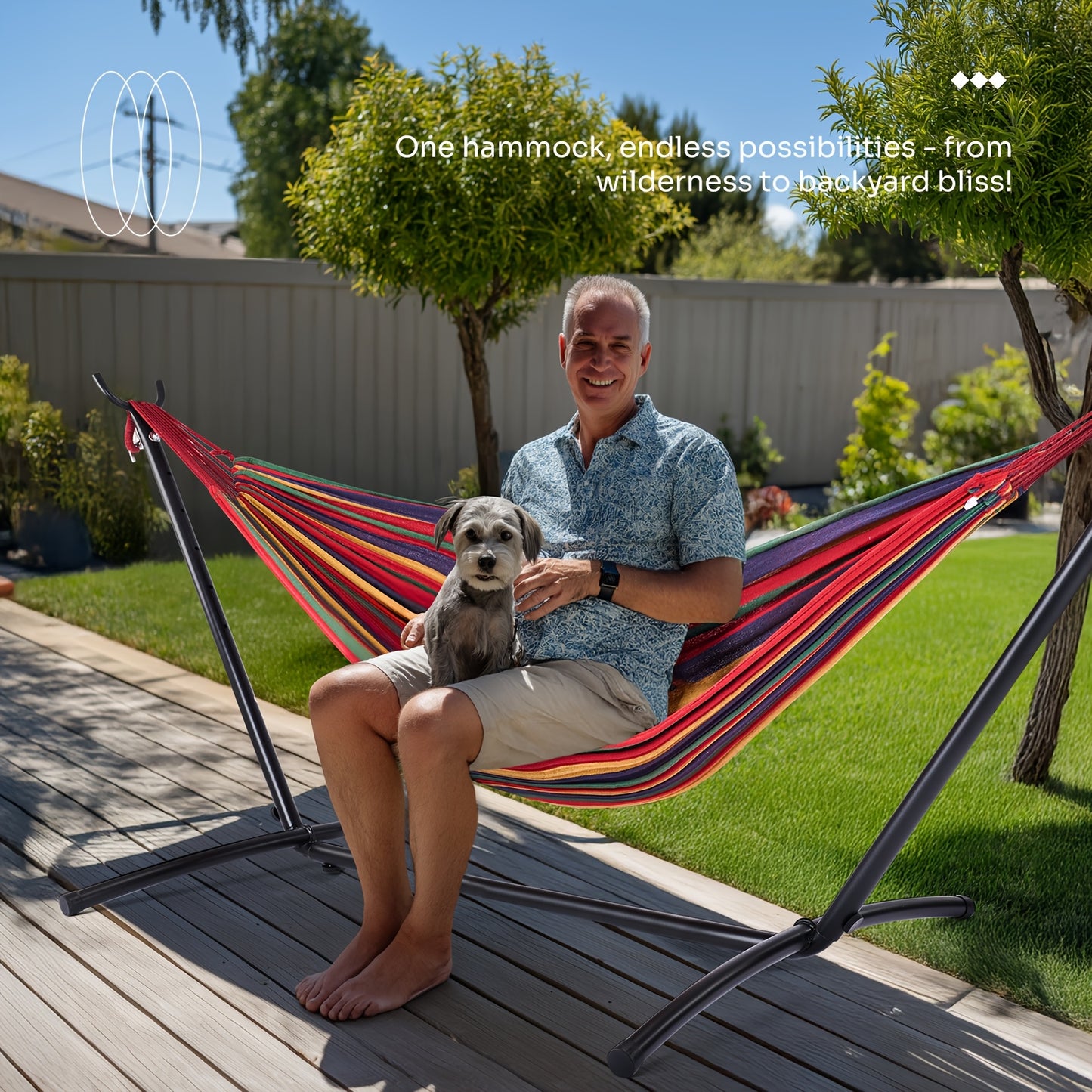 Double Hammock With Space Saving Stand Colorful Stripes 450lbs Capacity Portable