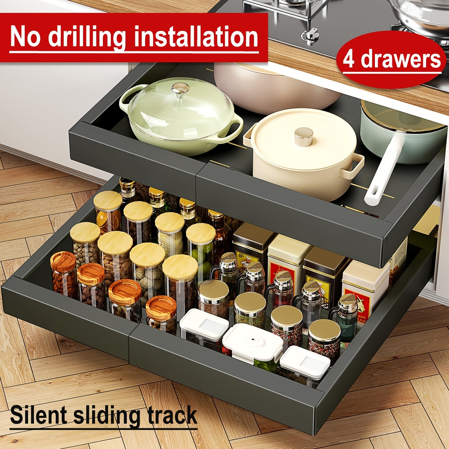 4-Pack Expandable Pull Out Cabinet Organizer, Heavy-Duty Carbon Steel Slide-Out Drawer (12.6"-20.5"W), Silent Sliding Roll-Out Shelf With Adhesive Nano Film Or Screw Installation, Rust-Resistant Storage Rack For Kitchen, Bath