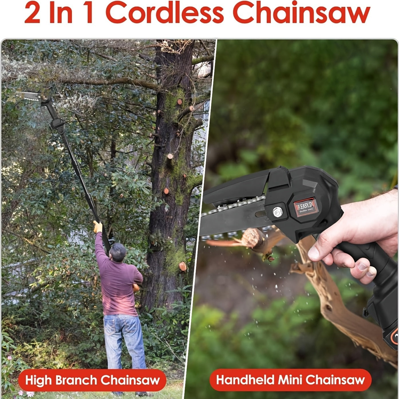 13ft Reach Cordless Pole Saw, 2-in-1 Battery Powered Tree Trimming - Retractable And Foldable Electric Pole Chainsaw - With 2 Chains, 2 Batteries, 3 Extension Rod, 2Pcs 1500mAh Batteries 4in/6in Chains