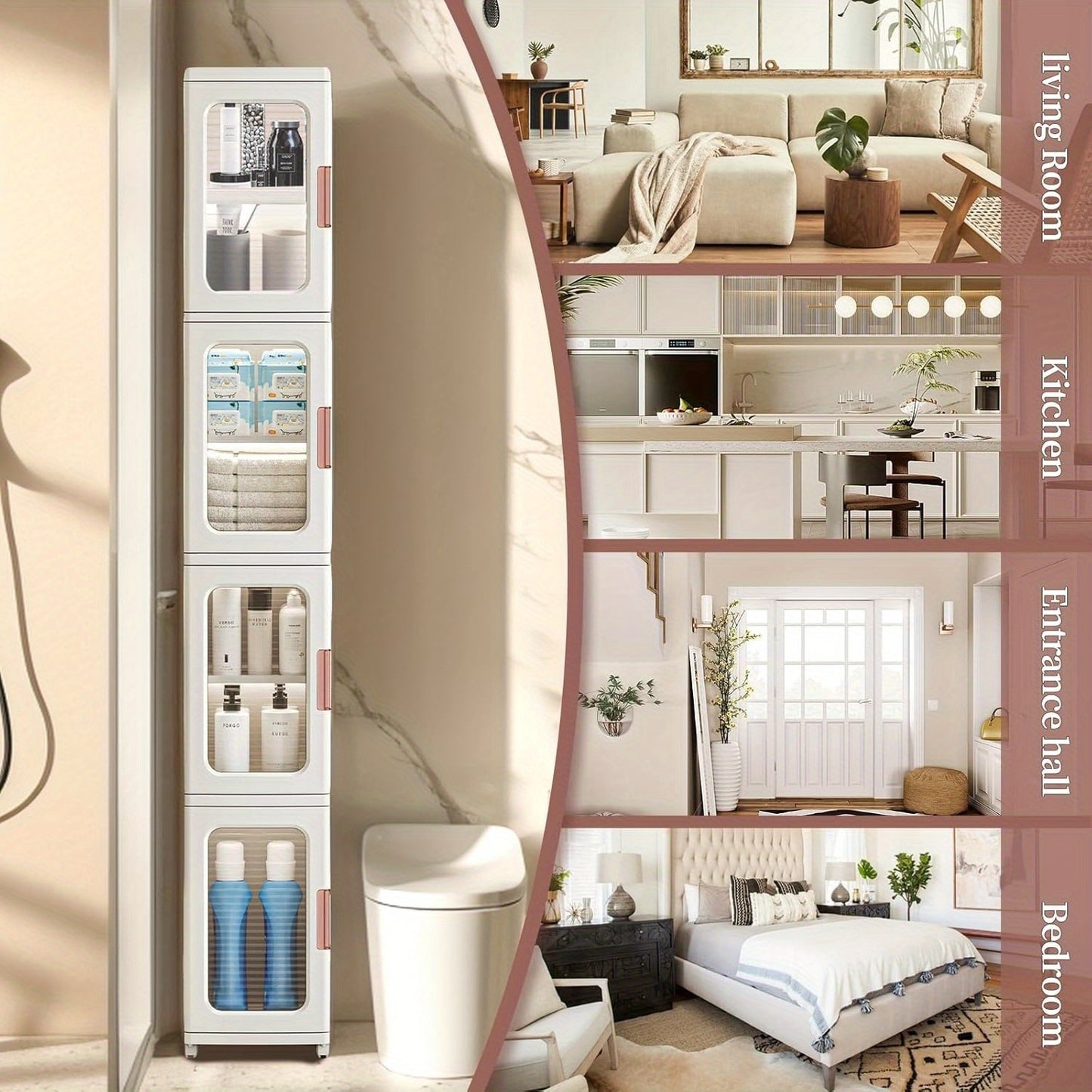 4 Layer White Adjustable Gap Cabinet With Transparent Door Movable Shelves