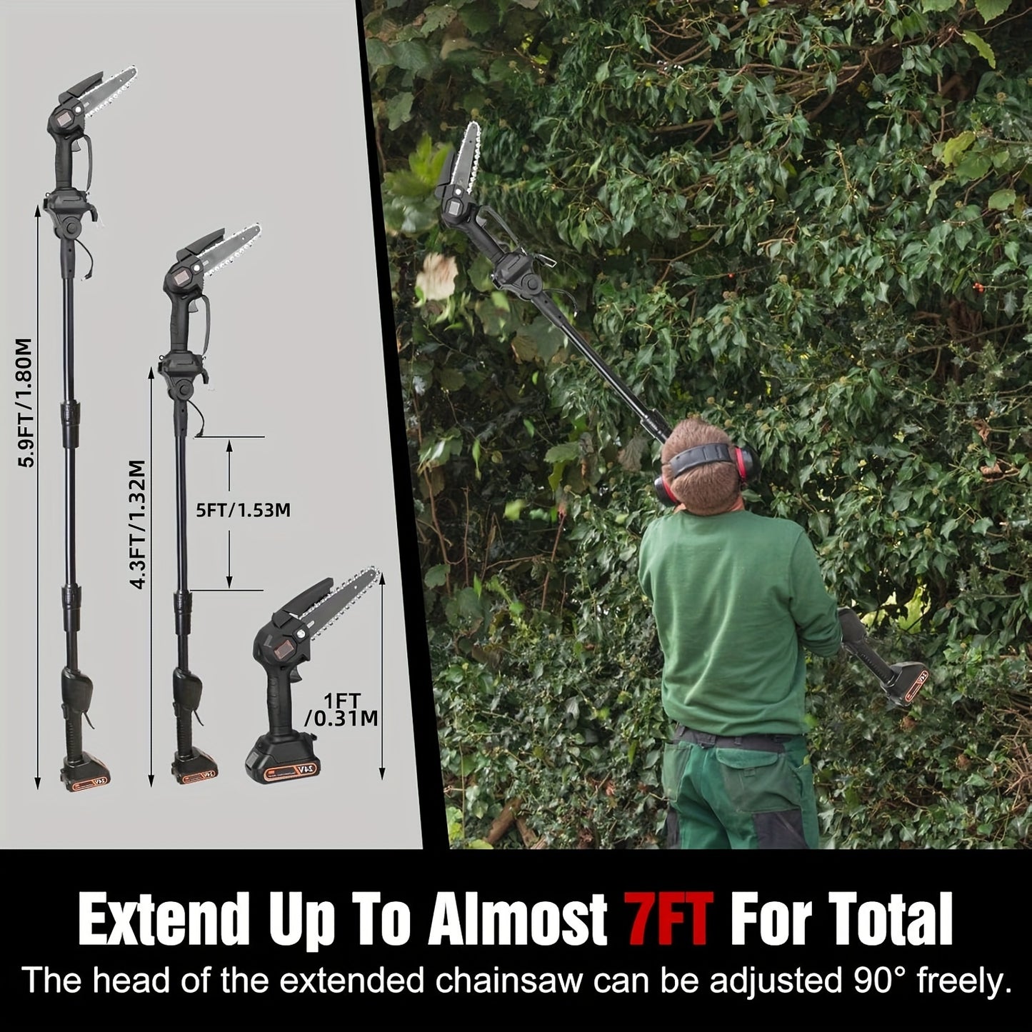 13ft Reach Cordless Pole Saw, 2-in-1 Battery Powered Tree Trimming - Retractable And Foldable Electric Pole Chainsaw - With 2 Chains, 2 Batteries, 3 Extension Rod, 2Pcs 1500mAh Batteries 4in/6in Chains