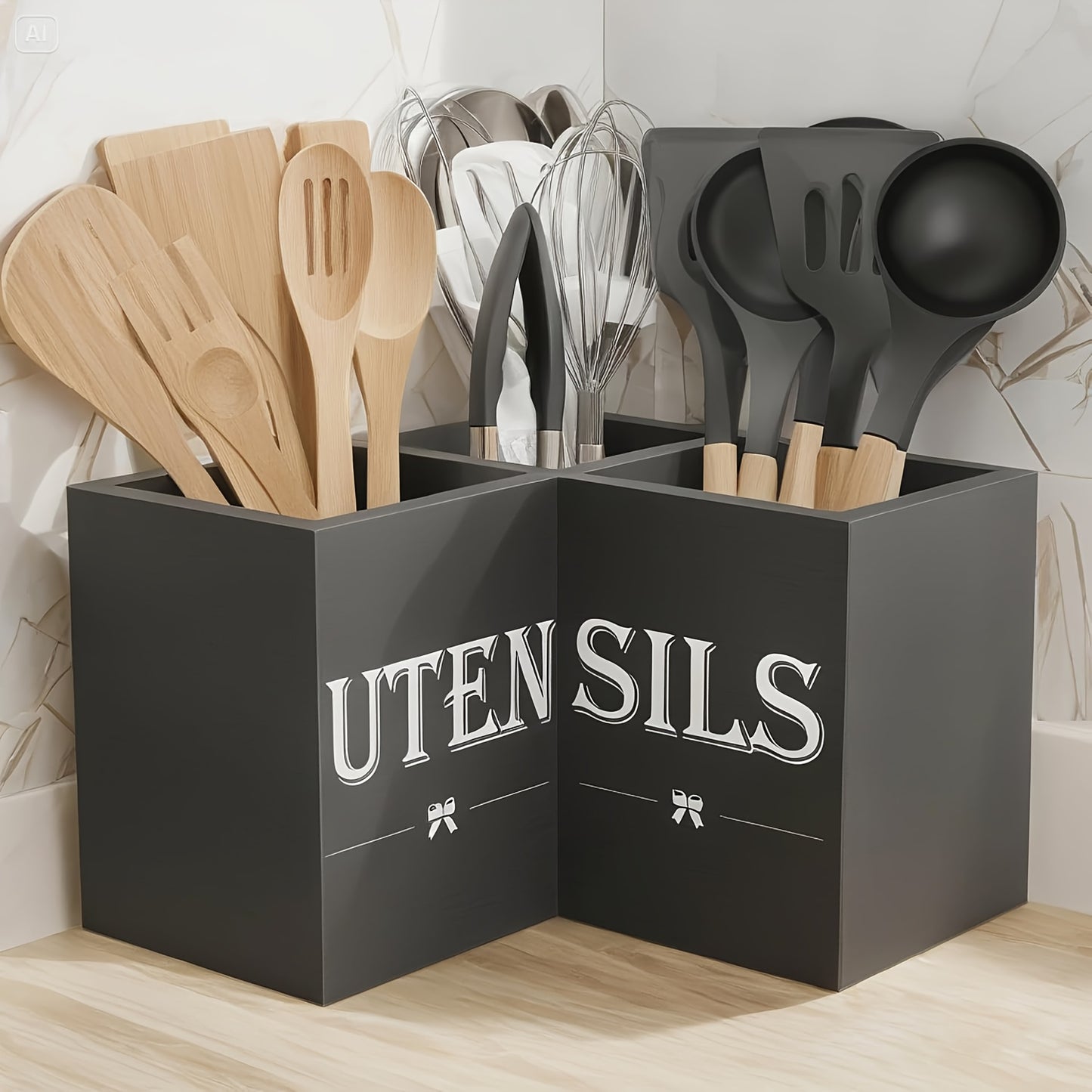 Extra Large Wooden Utensil Holder With 3 Compartments For Spatulas And Spoons