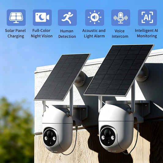 Two Pack Outdoor Solar Powered Security Cameras 2K Full HD WiFi AI Motion Alarm