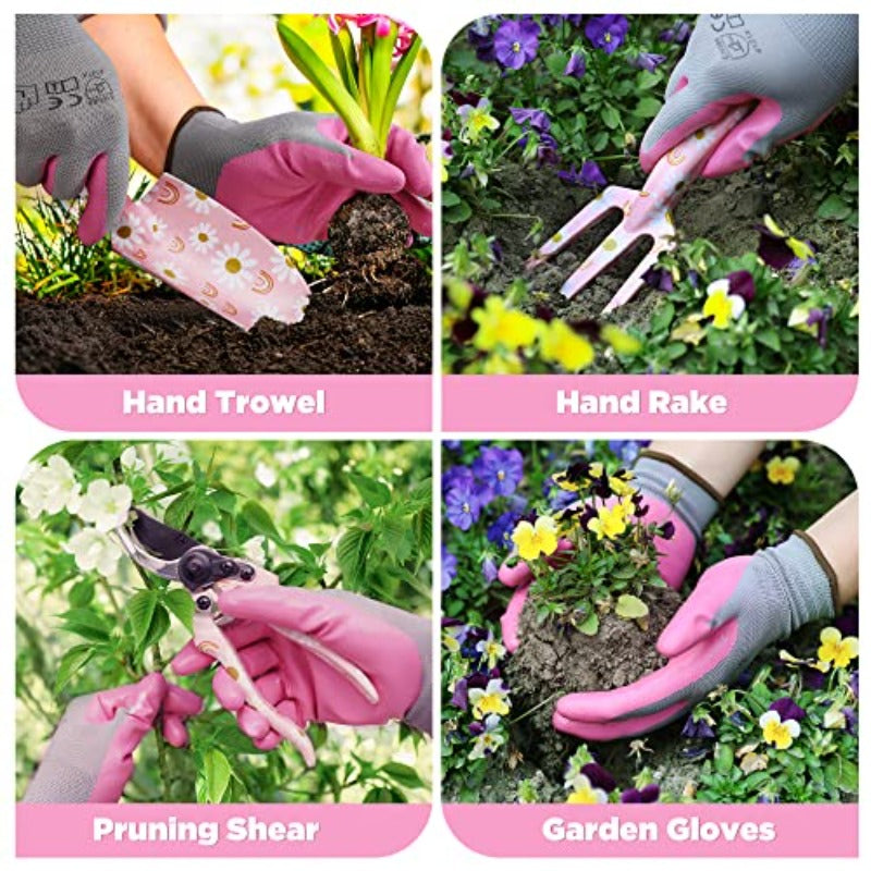 Aluminum Garden Tool Set 4 Piece With Pruning Gloves Trowel Shovel Pruner Rake