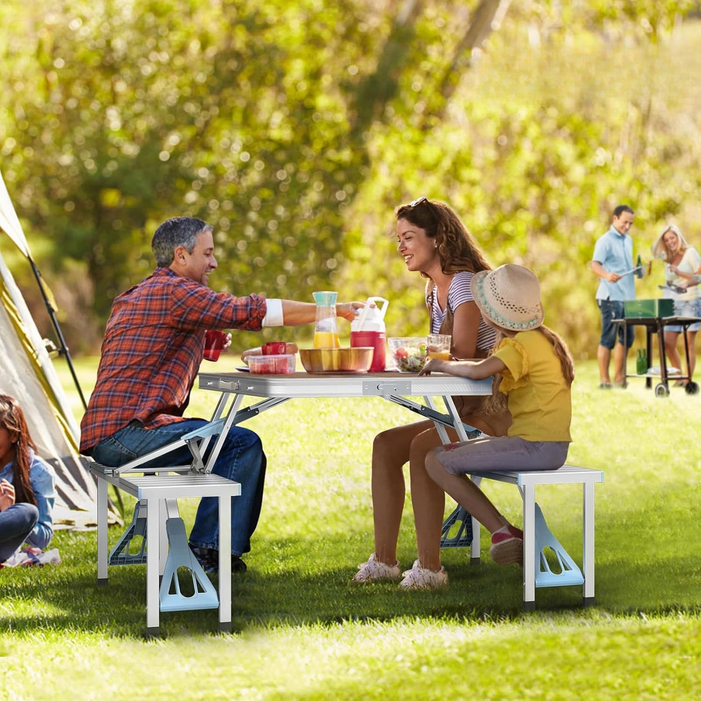 4 Ft Folding Camping Table With 4 Seats And Umbrella Hole