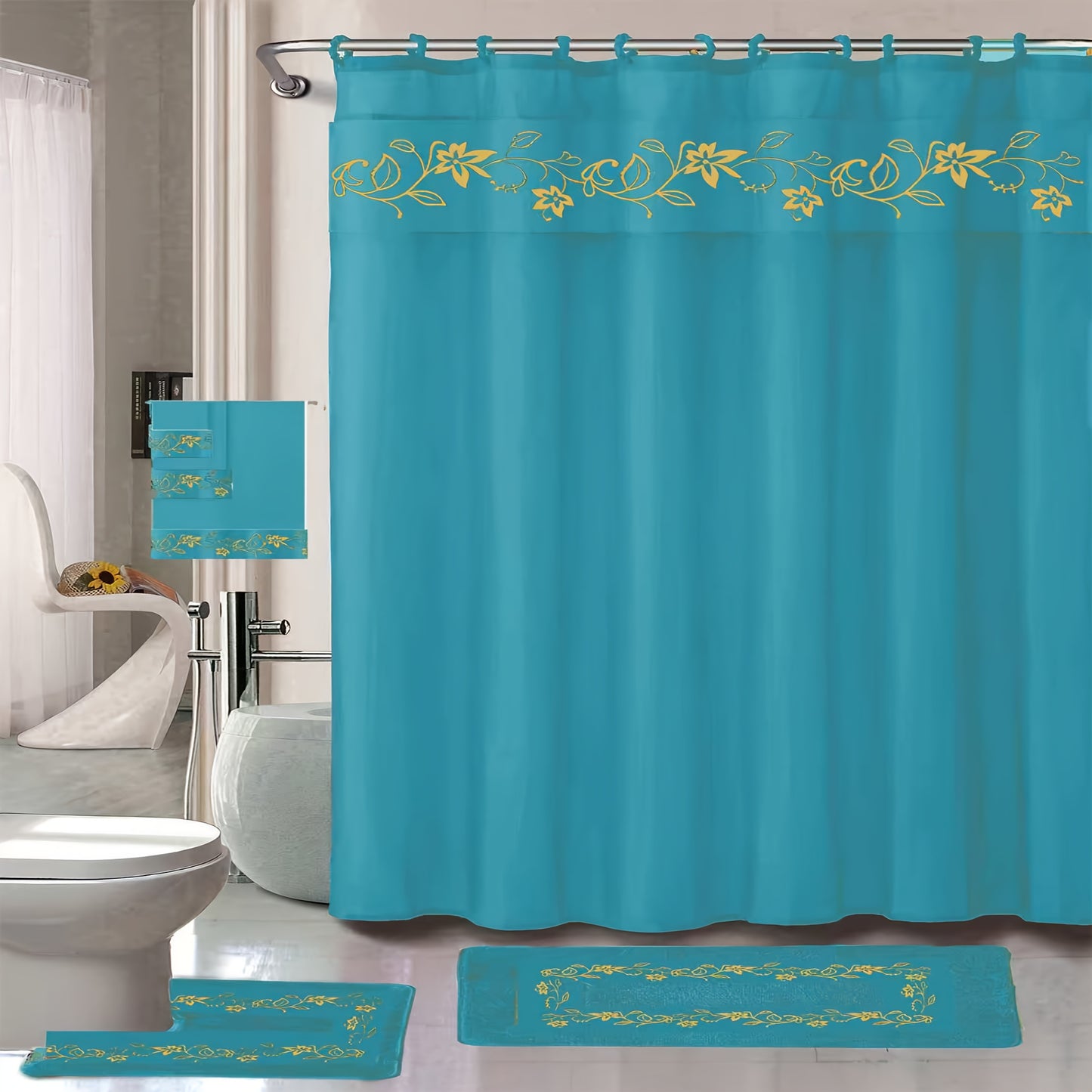 Shower Curtain Set With Embroidery And Non Slip Bath Rug Mats 3 Piece Towel Set