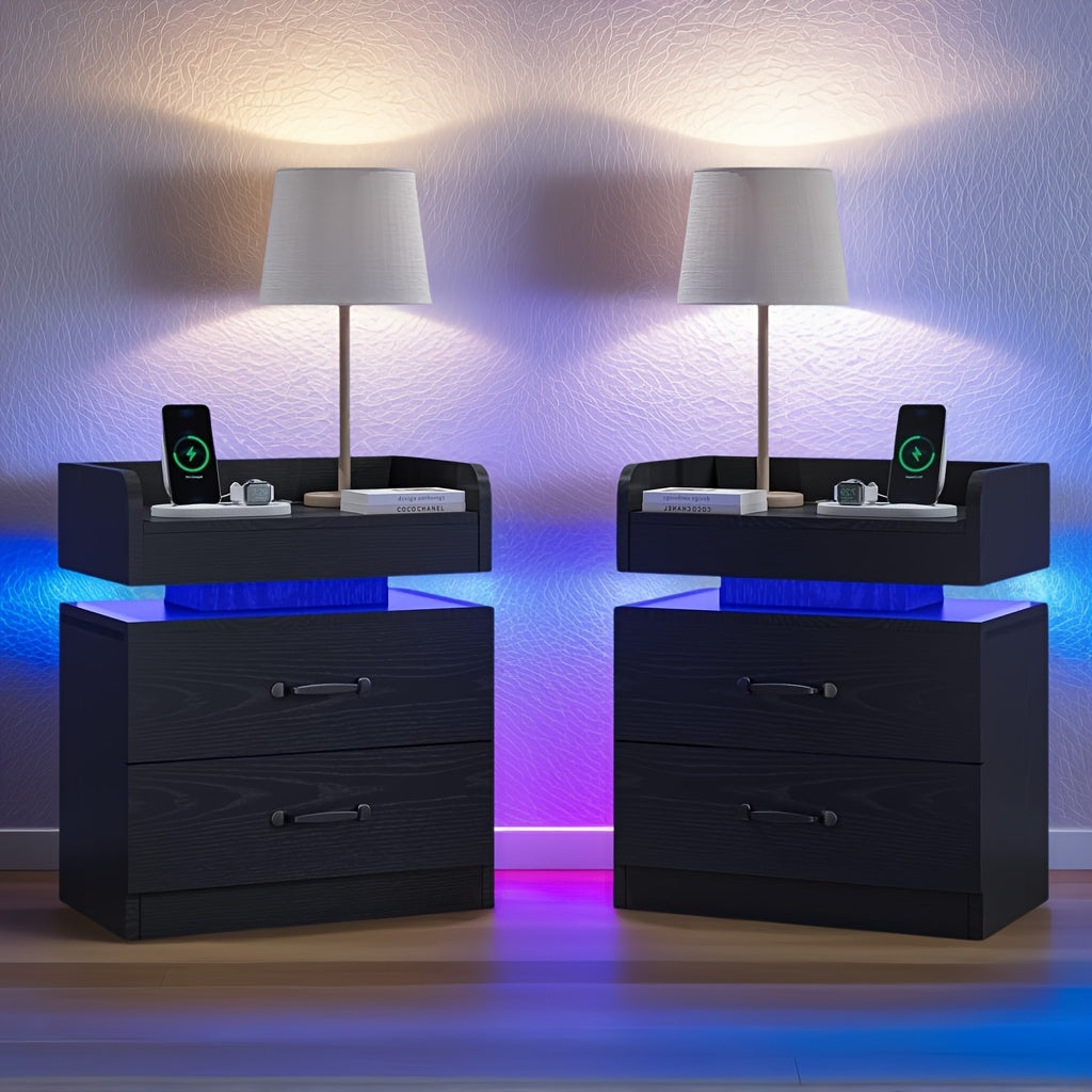 Nightstand With Charging Station And LED Lights Modern End Table With 2 Drawers