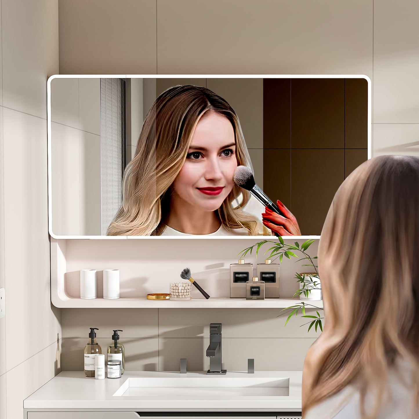 Aluminum Bathroom Mirror Cabinet With LED Lighting And Defogging