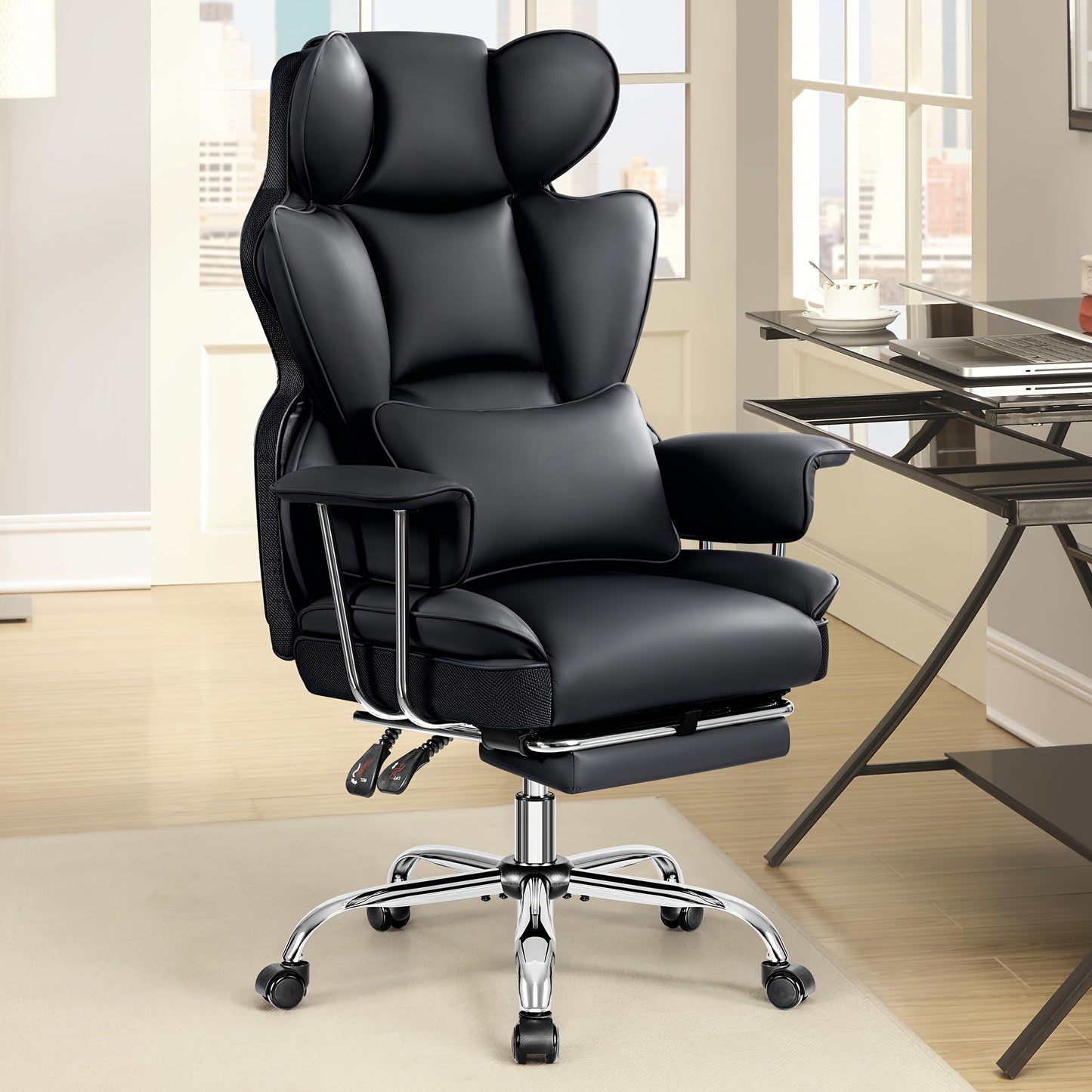 Premium Plus-Size Ergonomic Video Game Chair - Executive High-Back Leather Seat with Enhanced Lumbar Support, Integrated Footrest, and Adjustable Armrests for Ultimate Comfort in Spacious Homes and Offices
