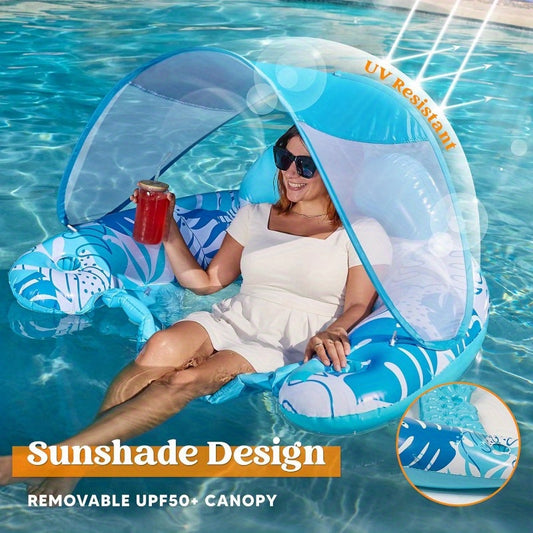 SYNCFUN Pool Floats With Canopy Adult, XL Inflatable Pool Lounge Chairs With Cup Holders, Floating Chair For Adults, Inflatable Floaties With Headrest For Party Beach Summer Water Fun